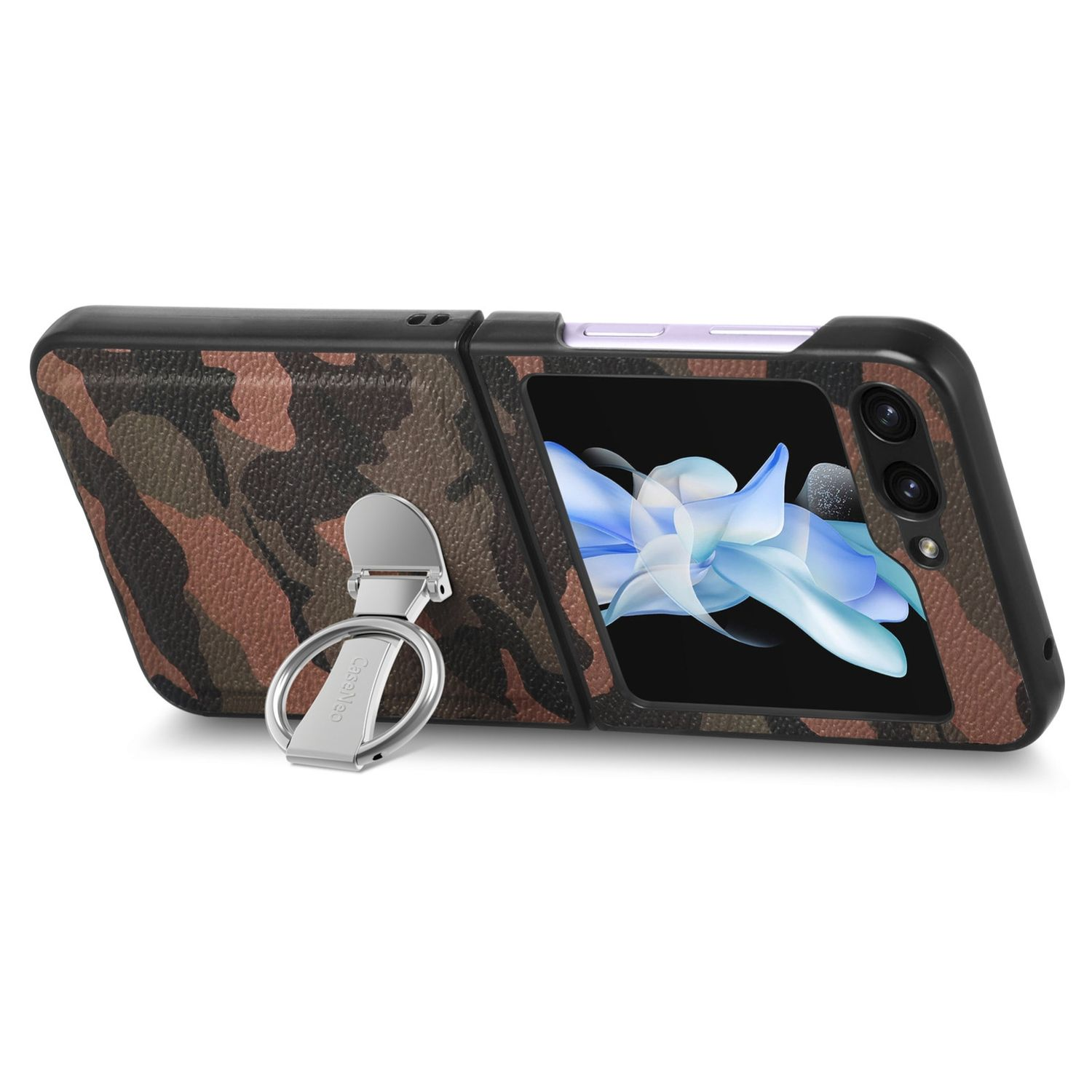 Braune und schwarze Camouflage-Handyhülle. Telefon hat einen Bildschirm und ist offen mit einem Ringhalter.