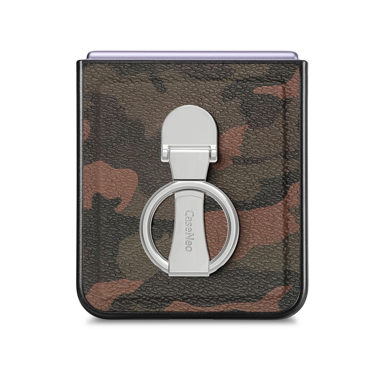 Eine Handyhülle mit Camouflage-Muster und einem silbernen Ringhalter.