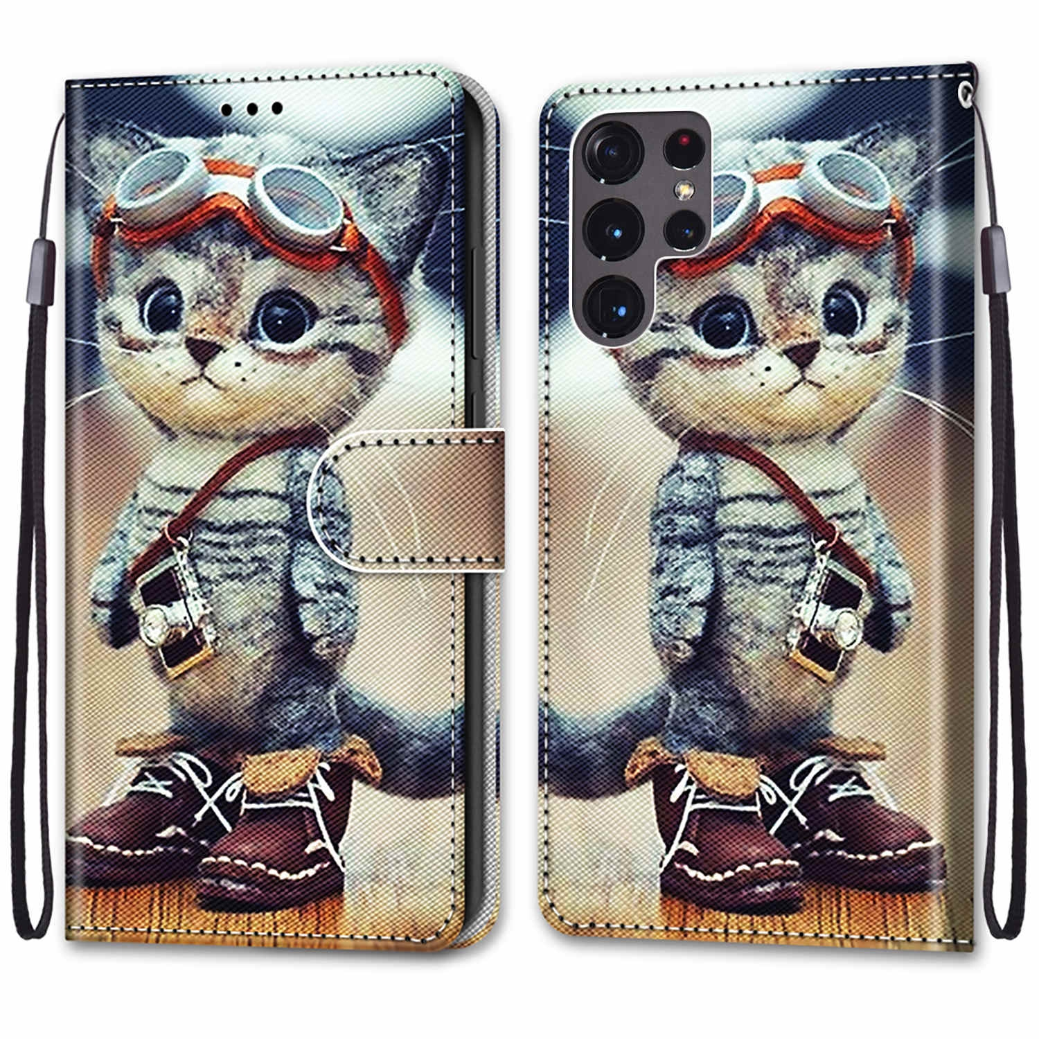 Funda de teléfono con un gato con gafas y zapatos, con una cámara.