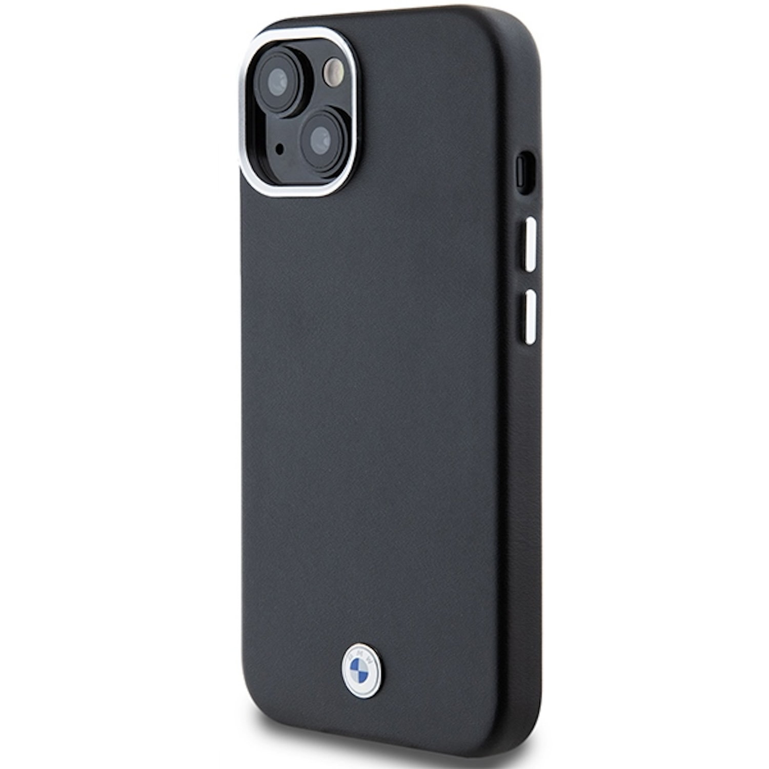 Custodia per telefono nera con protezione fotocamera, cornice argentata e logo BMW.