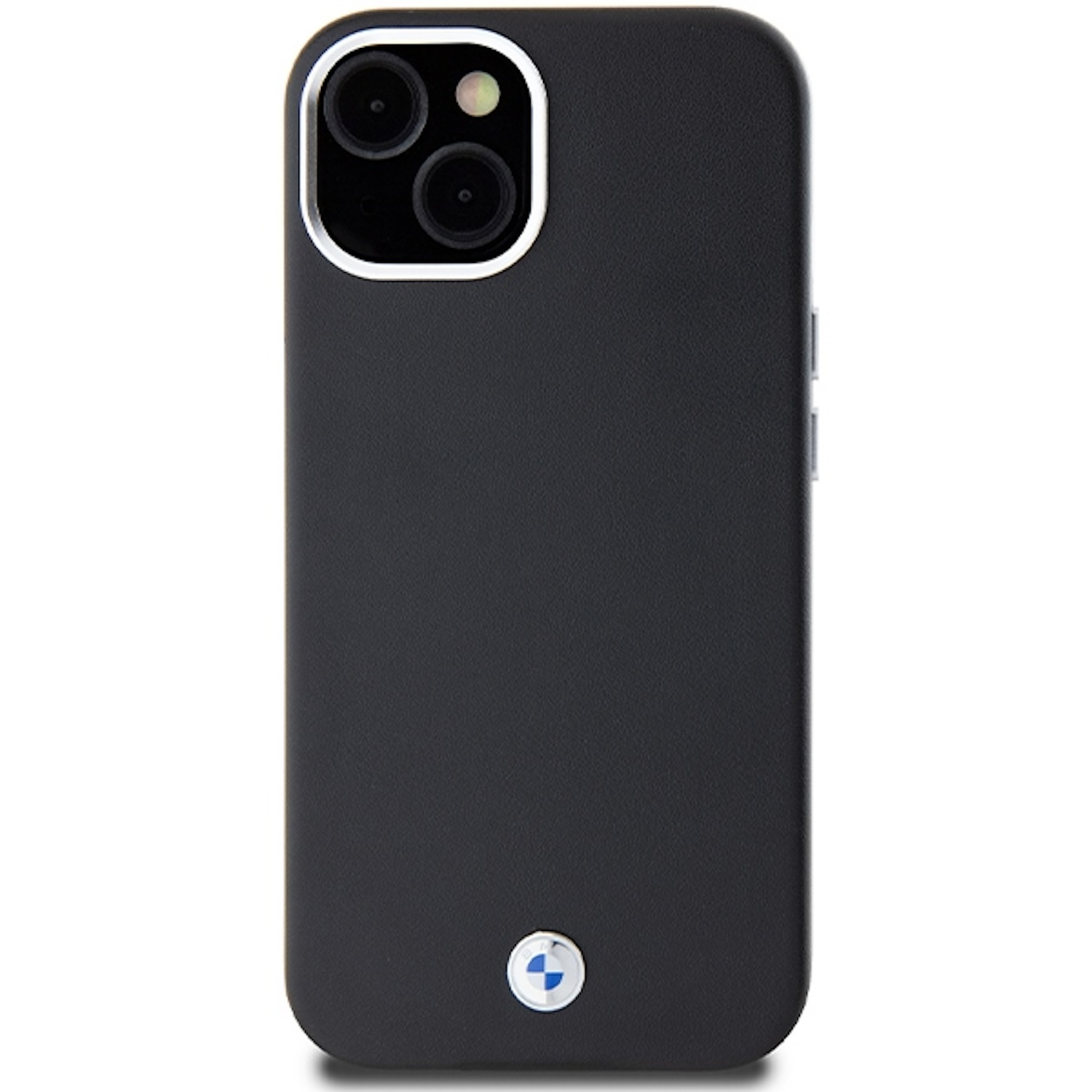 Custodia per telefono nera con logo BMW sul retro. Il telefono ha una configurazione a tripla fotocamera.