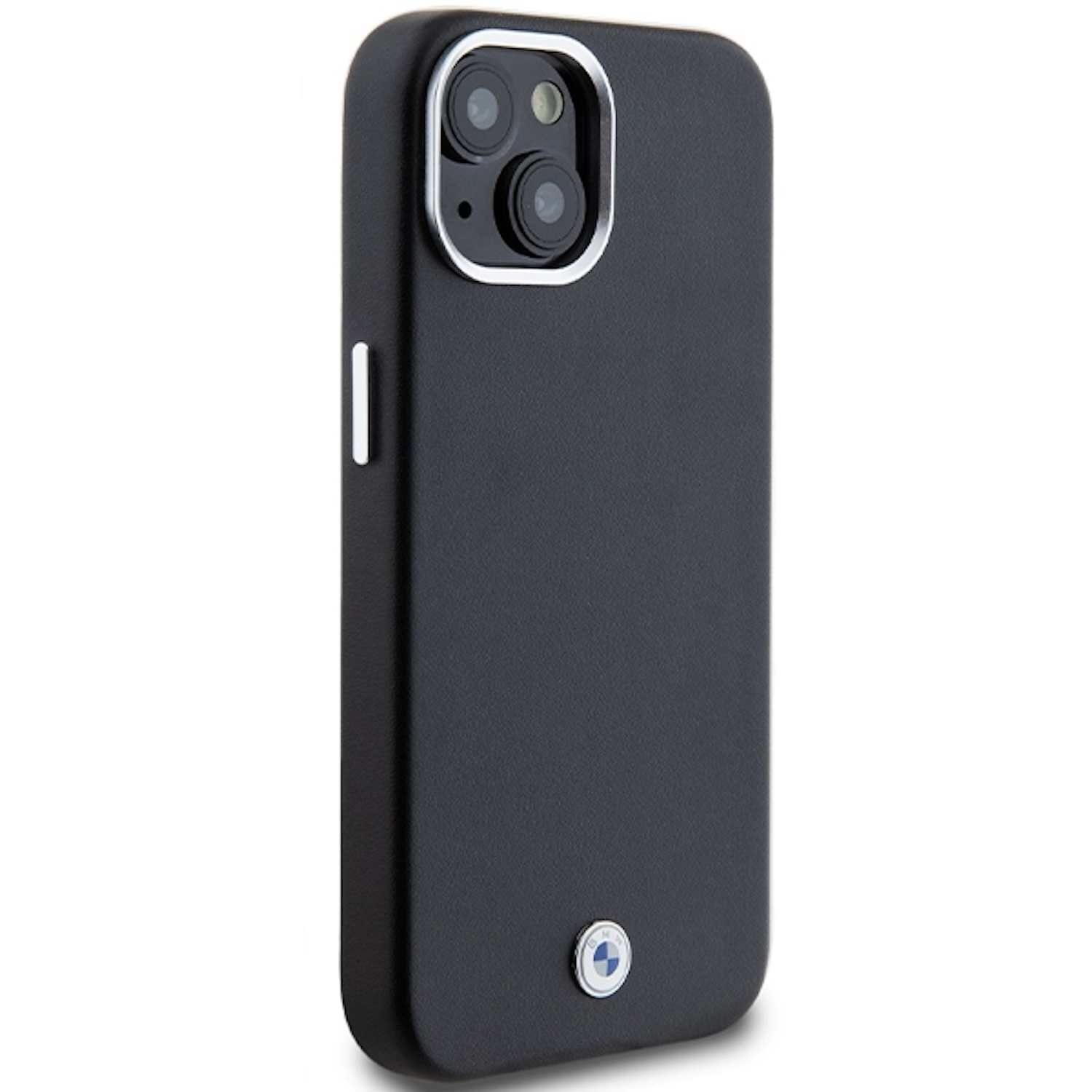 Custodia per telefono nera con protezione fotocamera, cornice argentata e logo BMW.