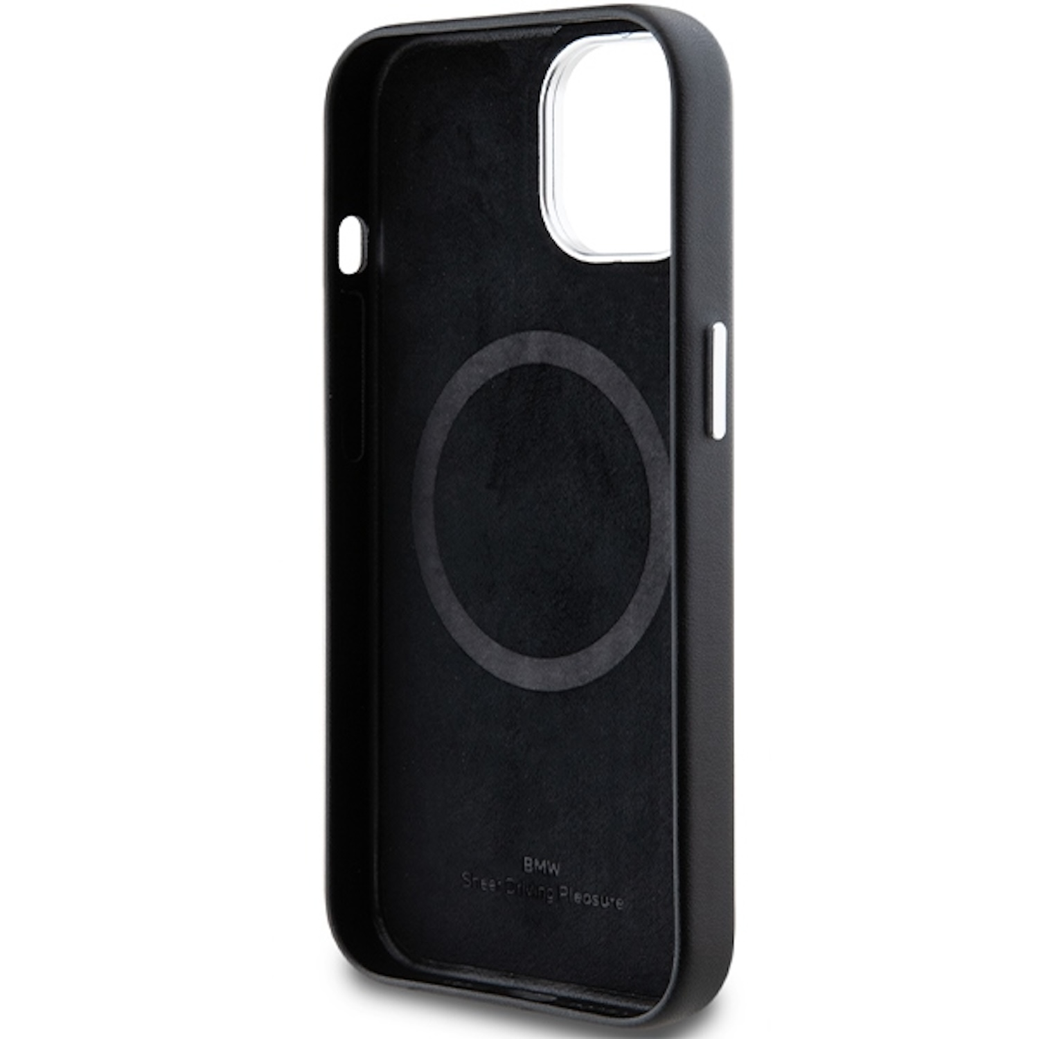 Custodia nera per telefono con marchio BMW, con un design circolare all'interno e una consistenza liscia.