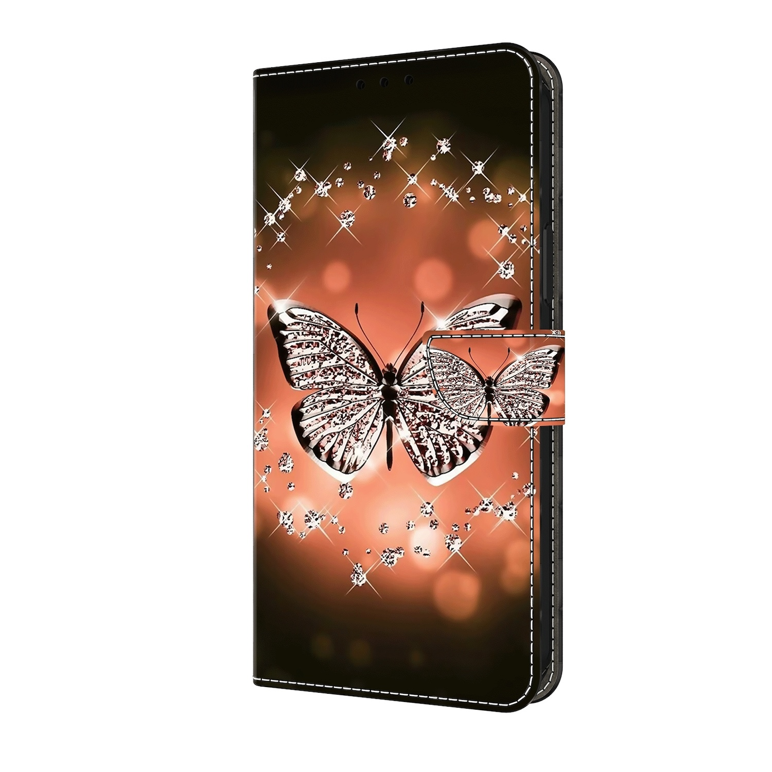 Handyhülle mit Schmetterlingsdesign auf orangefarbenem Hintergrund, umgeben von Diamanten.