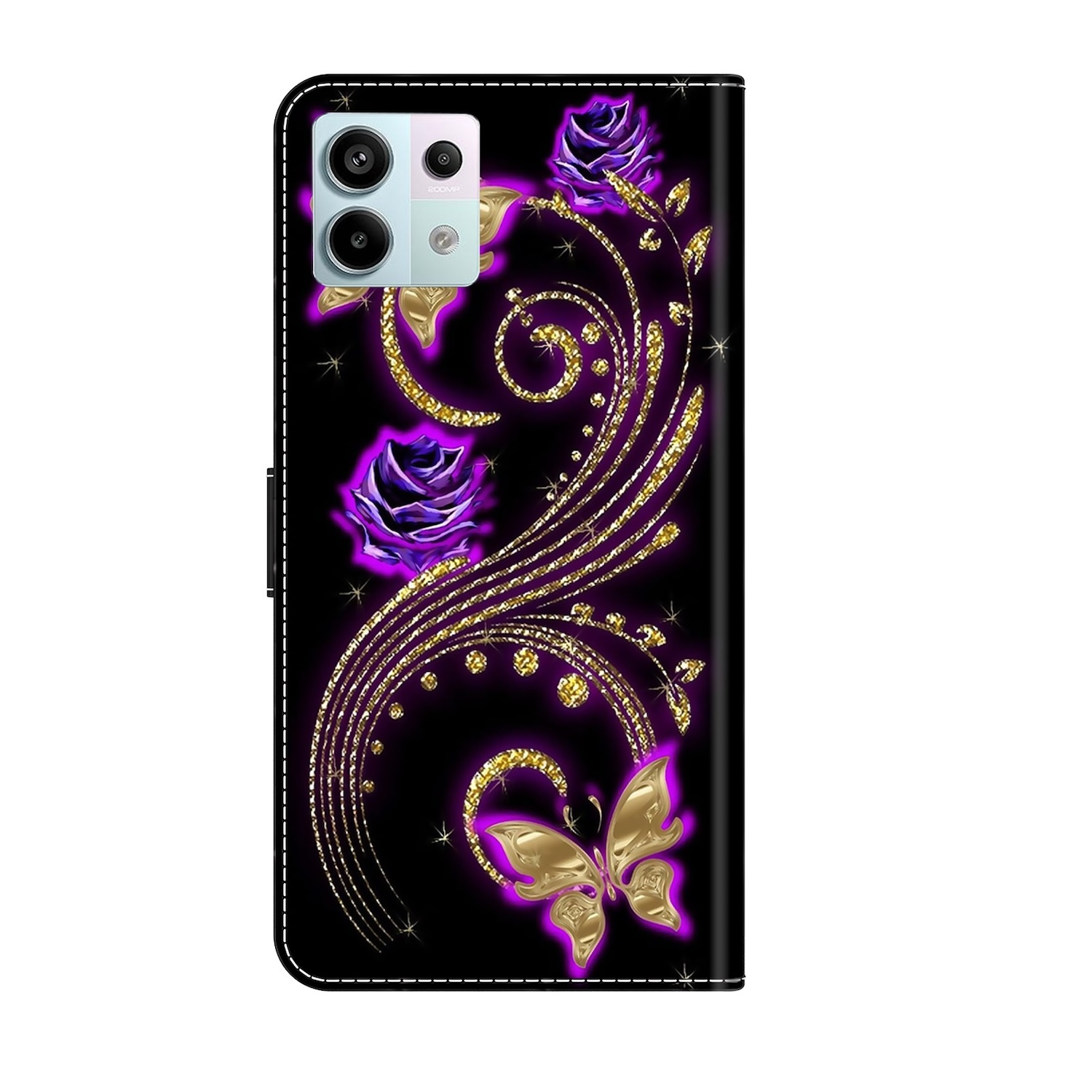 Funda de teléfono negra con rosas moradas, detalles dorados y diseño de mariposa.