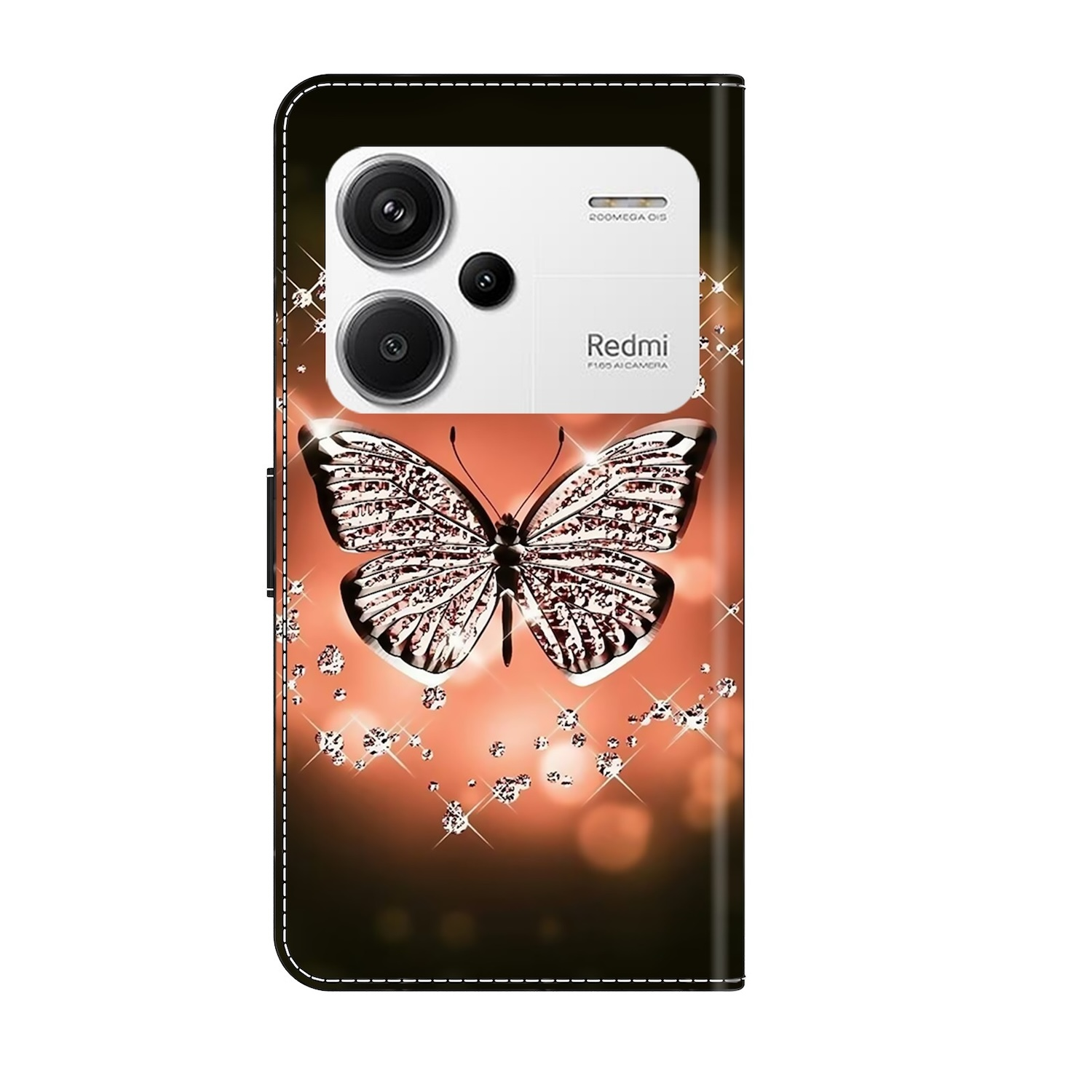 Redmi Handyhülle mit Schmetterlingsdesign. Der Schmetterling ist weiß mit roten Details. Glitzernder Hintergrund.