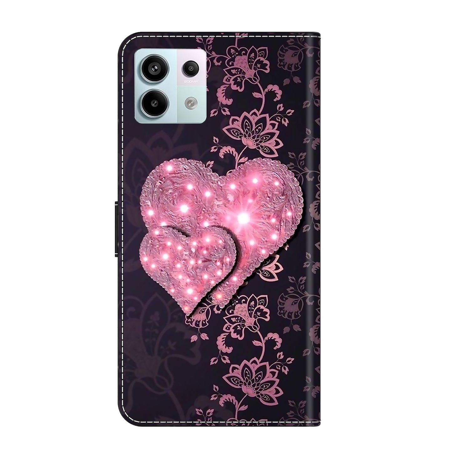 Funda de teléfono con corazones rosas sobre fondo oscuro. Diseño floral, formas de corazón y brillo.