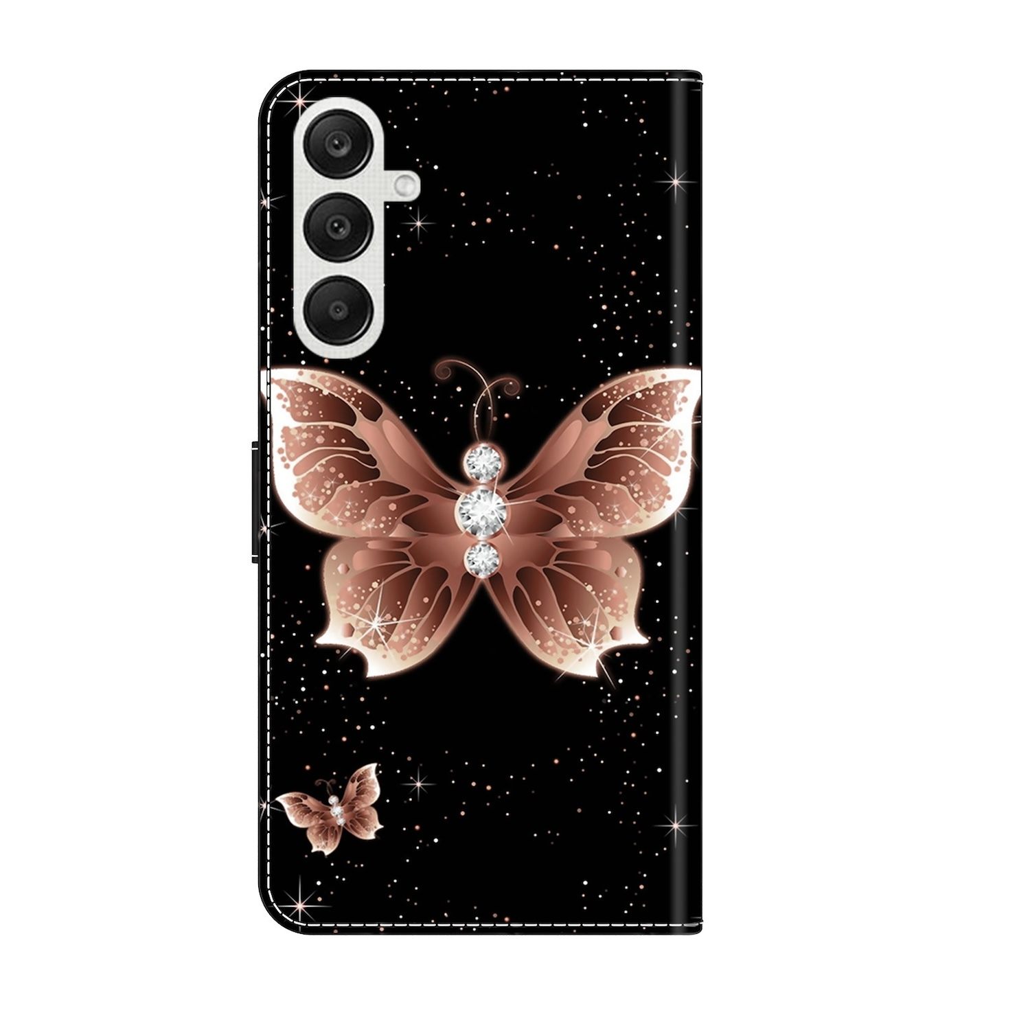 Schwarze Handyhülle mit braunem Schmetterlingsdesign und Glitzer. Weiße Nähte und kleiner Schmetterling.