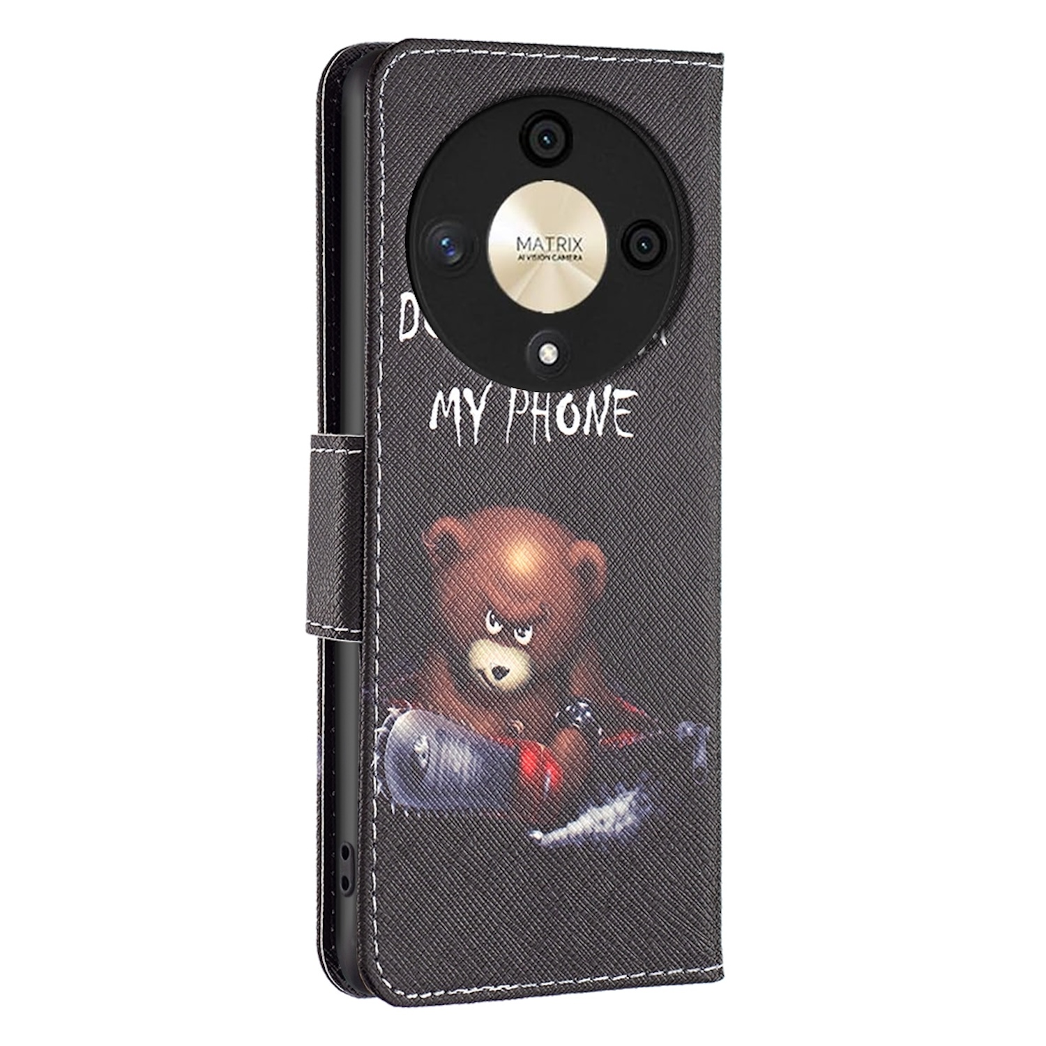Handyhülle mit Teddybär-Illustration und Text 'Don't touch my phone'. Die Hülle hat eine Dreifachkamera.
