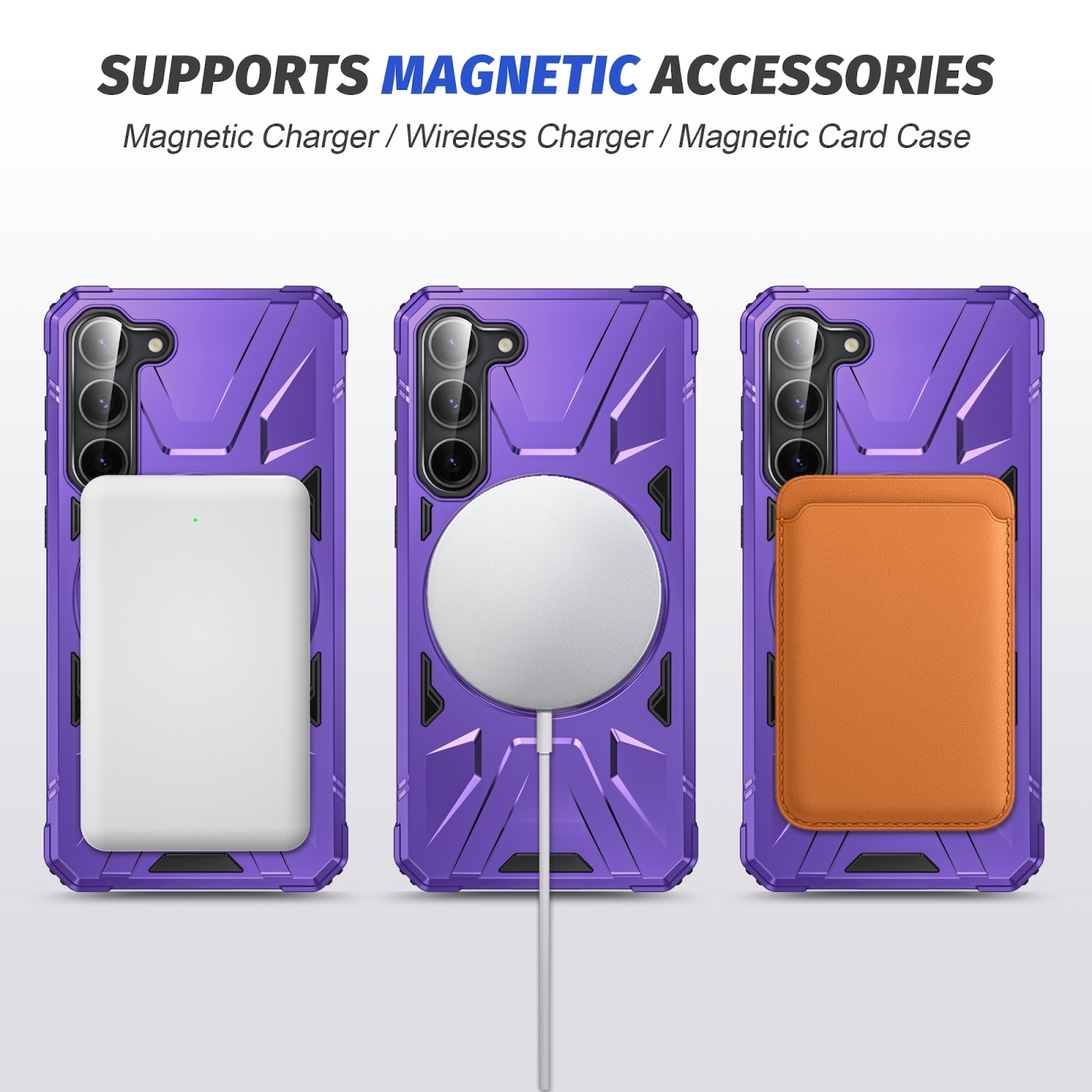 Lilafarbene Handyhülle mit verschiedenen magnetischen Zubehörteilen. Zeigt kabelloses Ladegerät, Kartenetui und Powerbank.