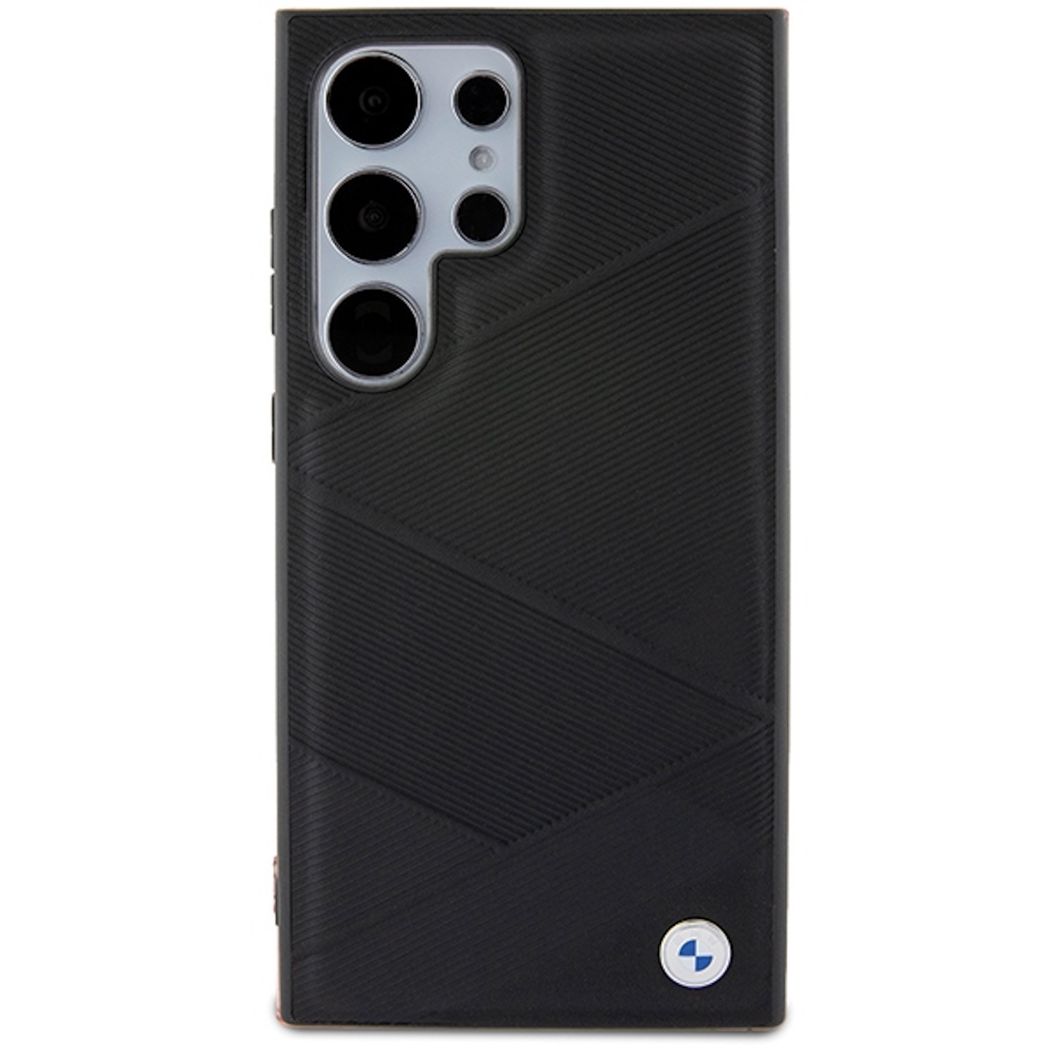 Custodia per telefono nera con più lenti della fotocamera. La custodia ha un motivo geometrico.