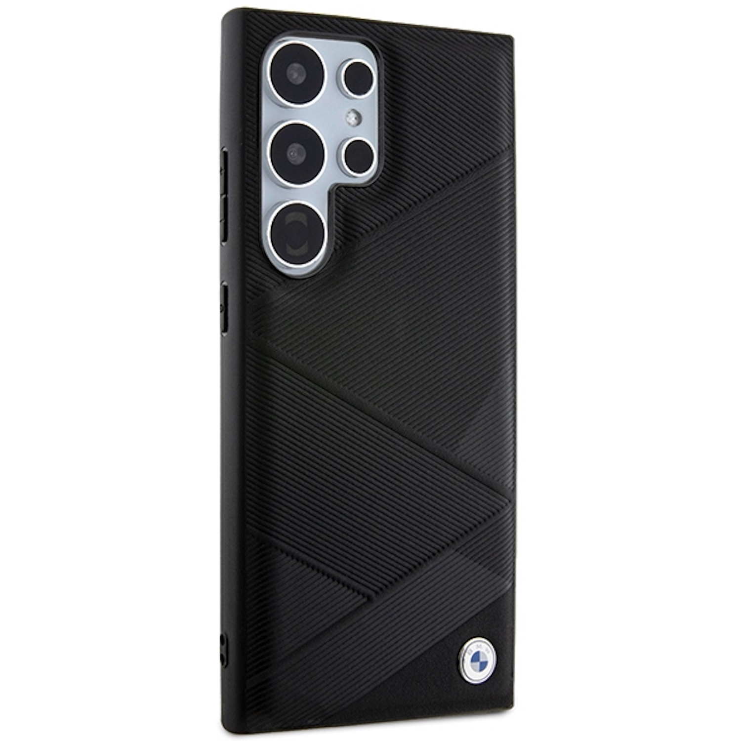 Custodia per telefono nera con più lenti della fotocamera. La custodia ha un motivo geometrico.