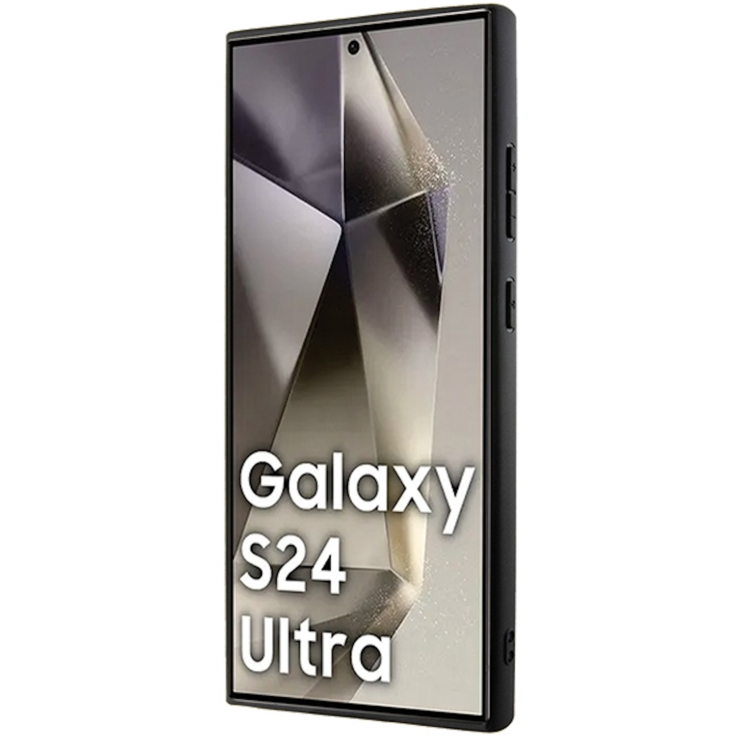 Custodia nera con il testo 'Galaxy S24 Ultra' sullo schermo.