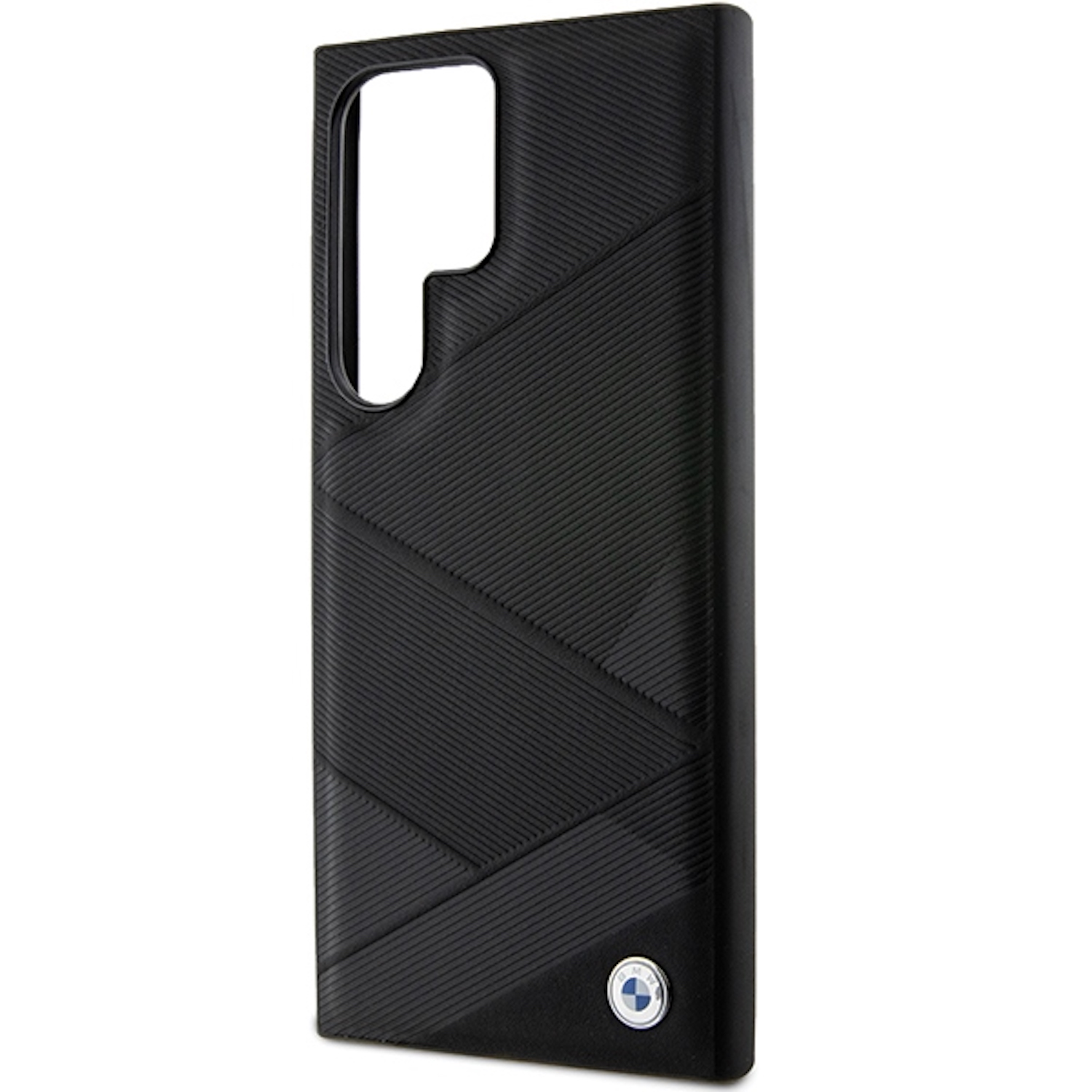Custodia per telefono nera con un motivo geometrico e un ritaglio per le lenti della fotocamera.