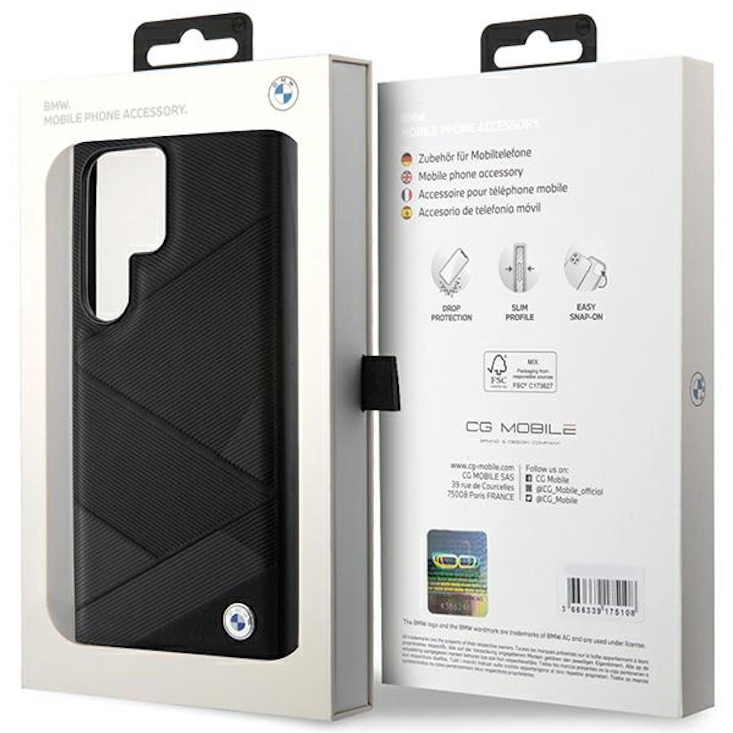 Custodia per telefono in una scatola con il logo BMW, con un design geometrico nero.