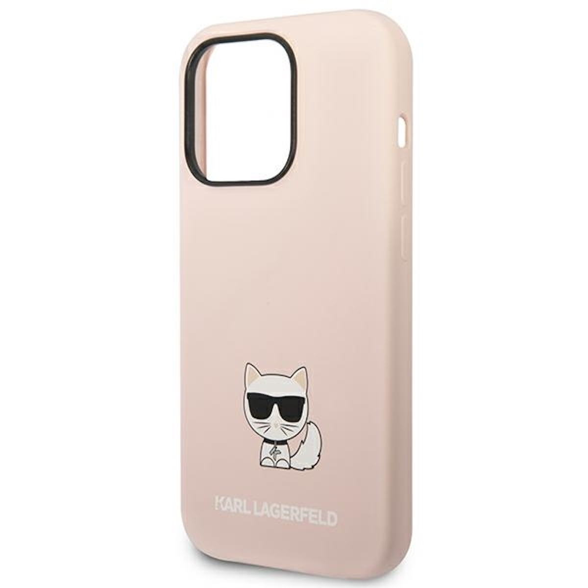 Custodia rosa con un gatto con occhiali da sole e il logo Karl Lagerfeld.