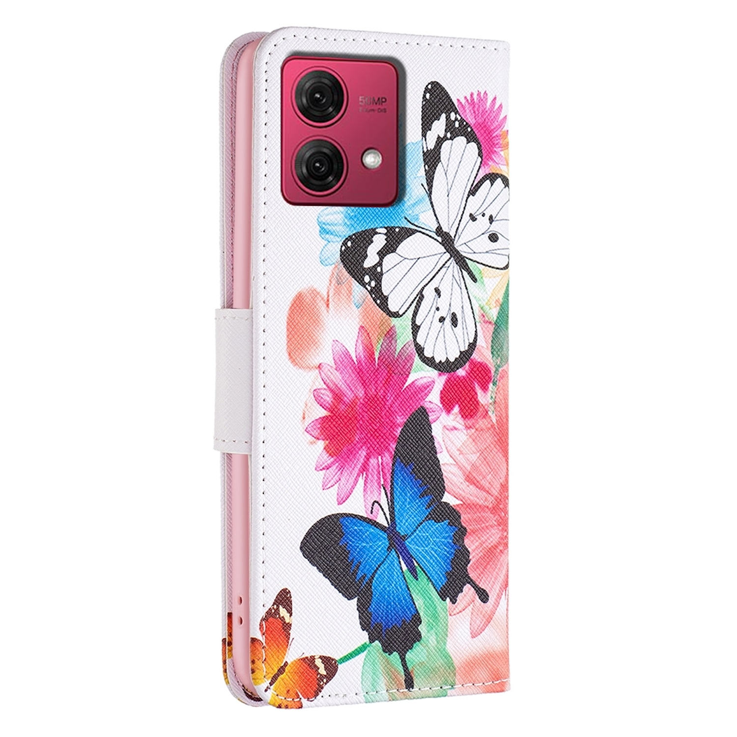 Weiße Handyhülle mit Schmetterlingen und Blumen. Rosa Akzente an den Rändern.