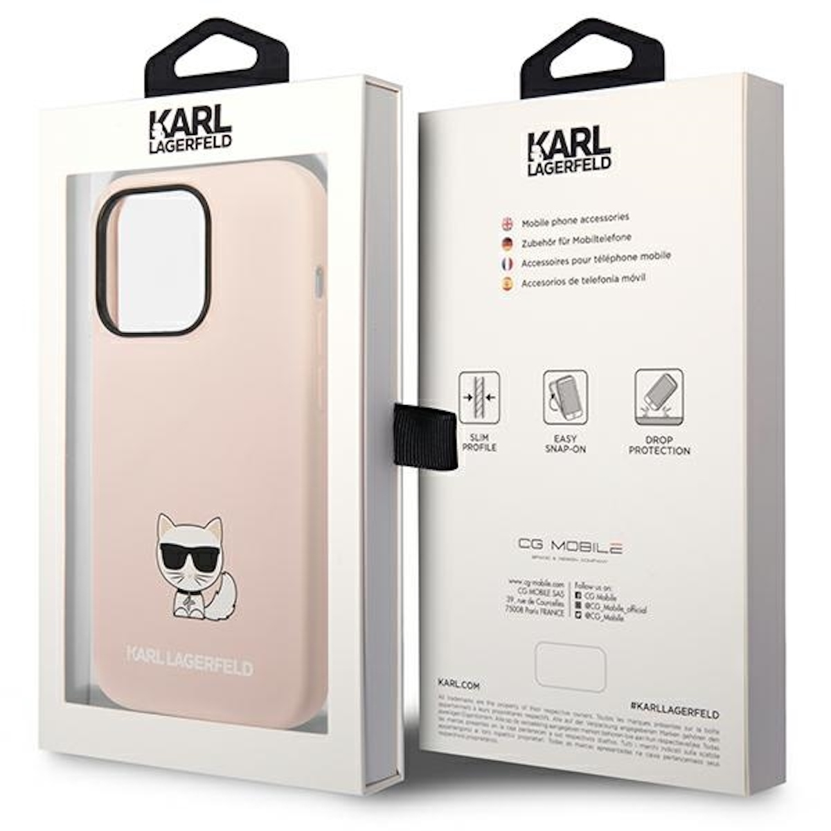 Custodia per telefono rosa in una scatola con il logo KARL LAGERFELD e un'immagine di gatto.