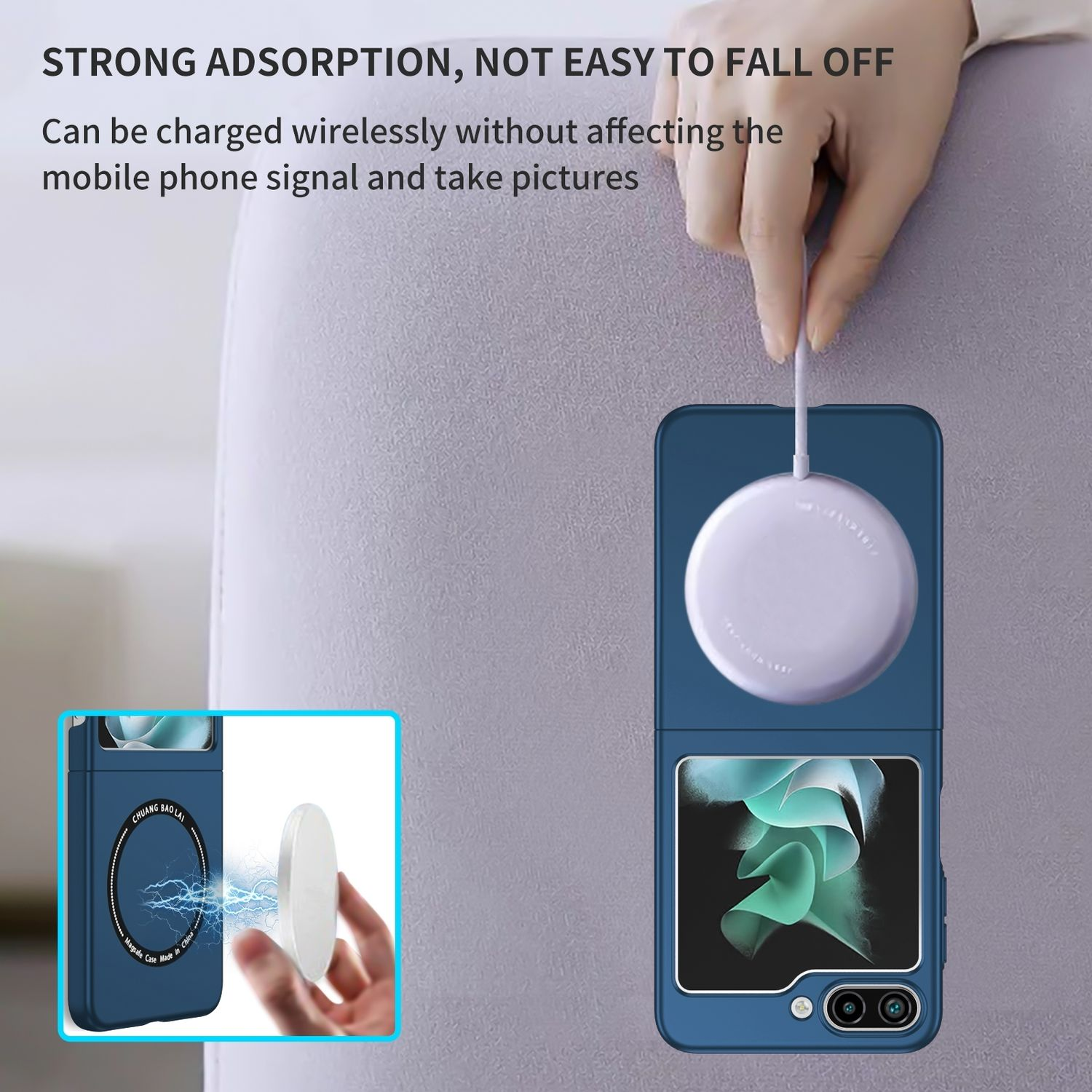 Blaue Handyhülle mit kabellosem Ladegerät. Das Telefon wird auf der Hülle geladen.