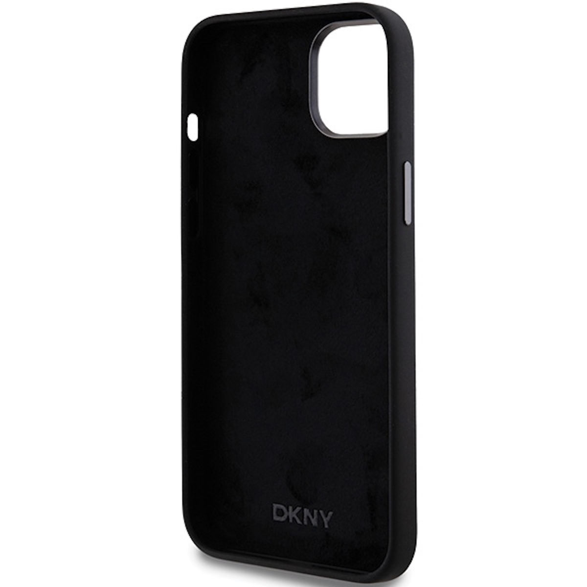 Custodia nera per telefono con logo DKNY in basso. L'interno ha una trama vellutata.