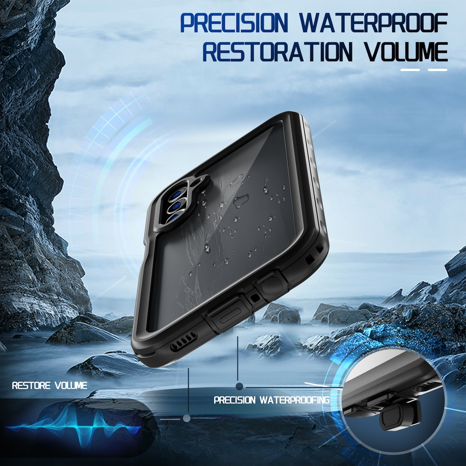 Schwarze Handyhülle mit Telefon. Die Hülle hat ein wasserdichtes Design.