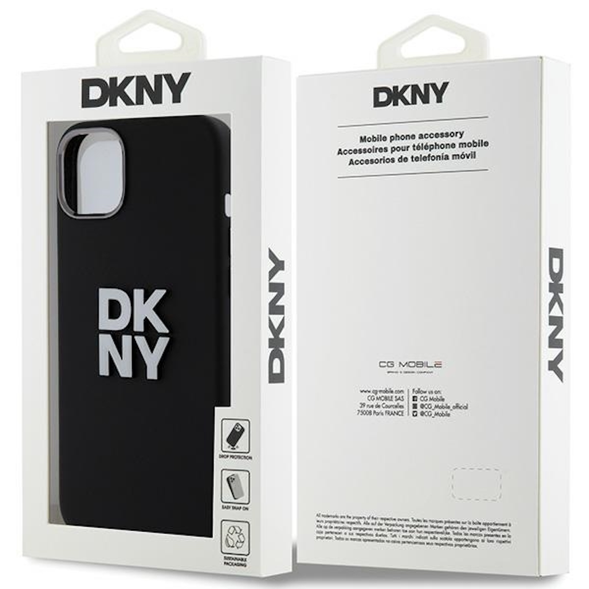Confezione in due pezzi per custodia DKNY, scatola bianca con custodia nera e logo DKNY.