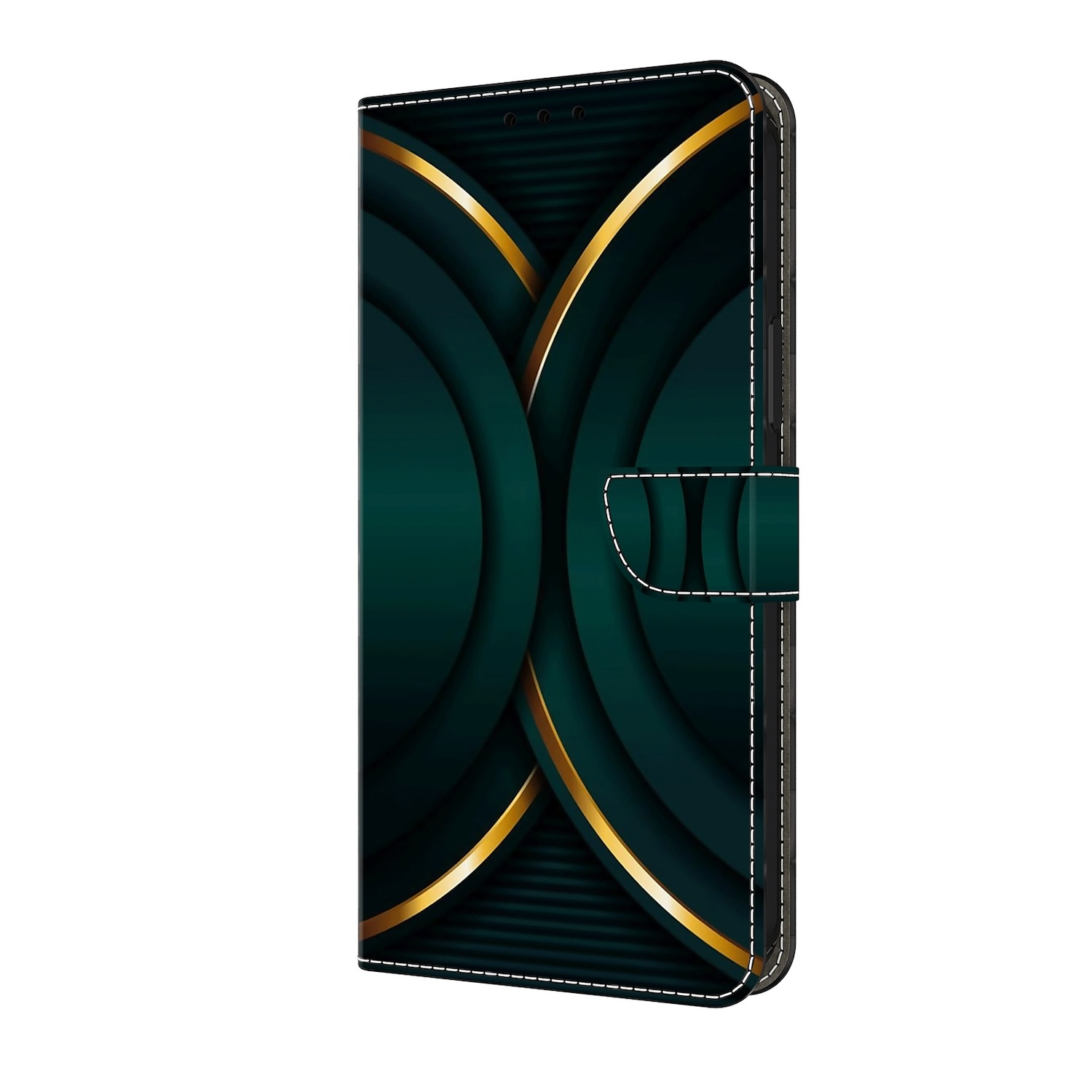 Eine geschlossene, dunkelgrüne Handyhülle mit goldenen Akzenten. Die Hülle hat ein abstraktes Design und einen Magnetverschluss.