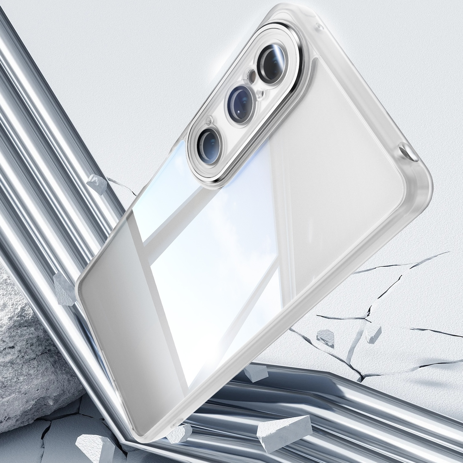 Funda de teléfono transparente con un teléfono dentro. El teléfono es transparente y muestra una superficie rota.