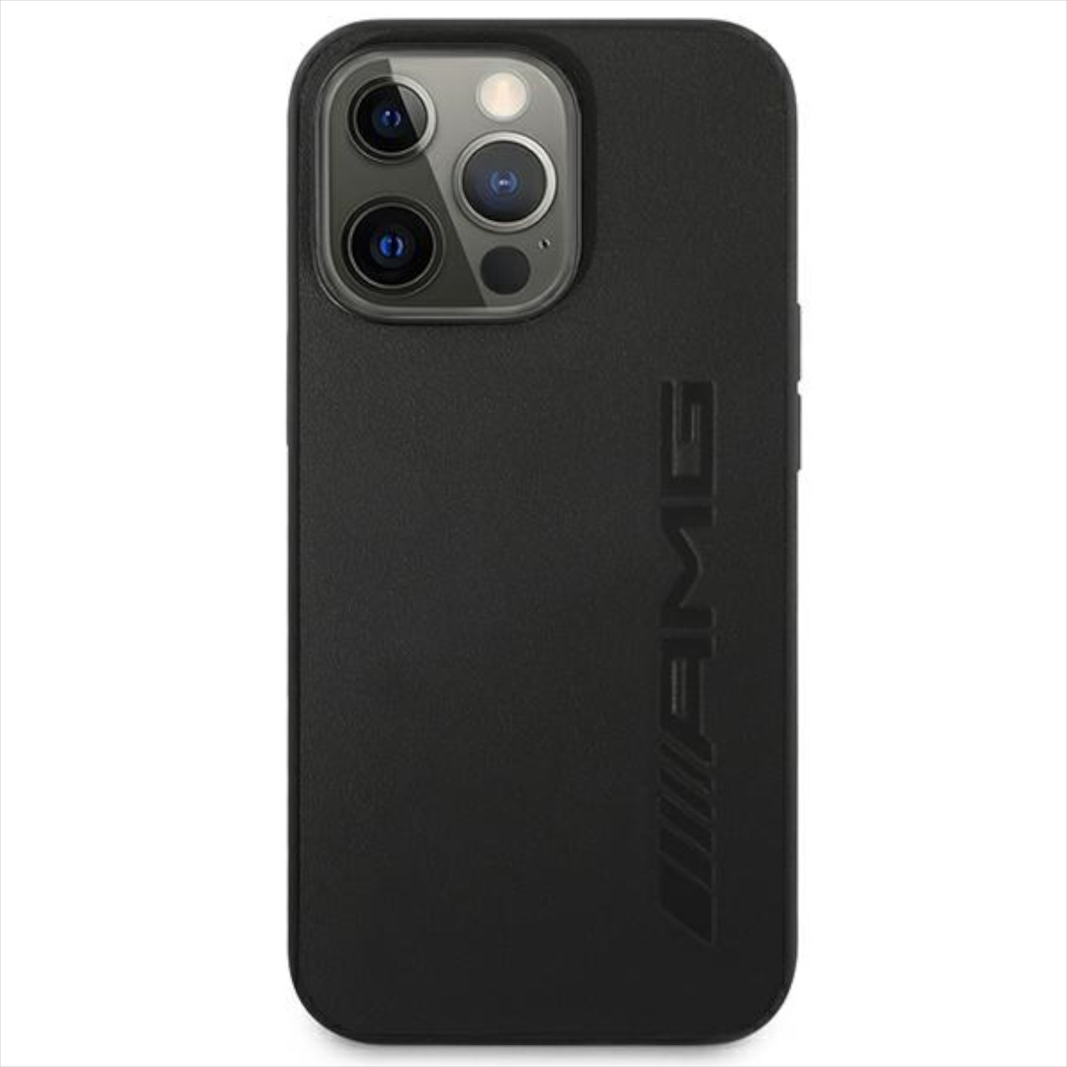 Una custodia per telefono nera con il logo AMG è esposta. La custodia è di colore nero semplice.