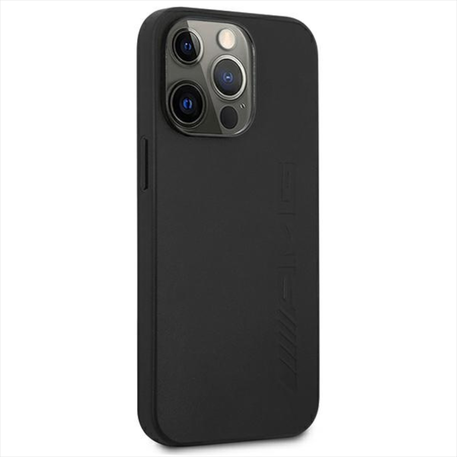 Custodia nera per telefono con logo AMG. La custodia protegge la fotocamera del telefono. Sfondo bianco.