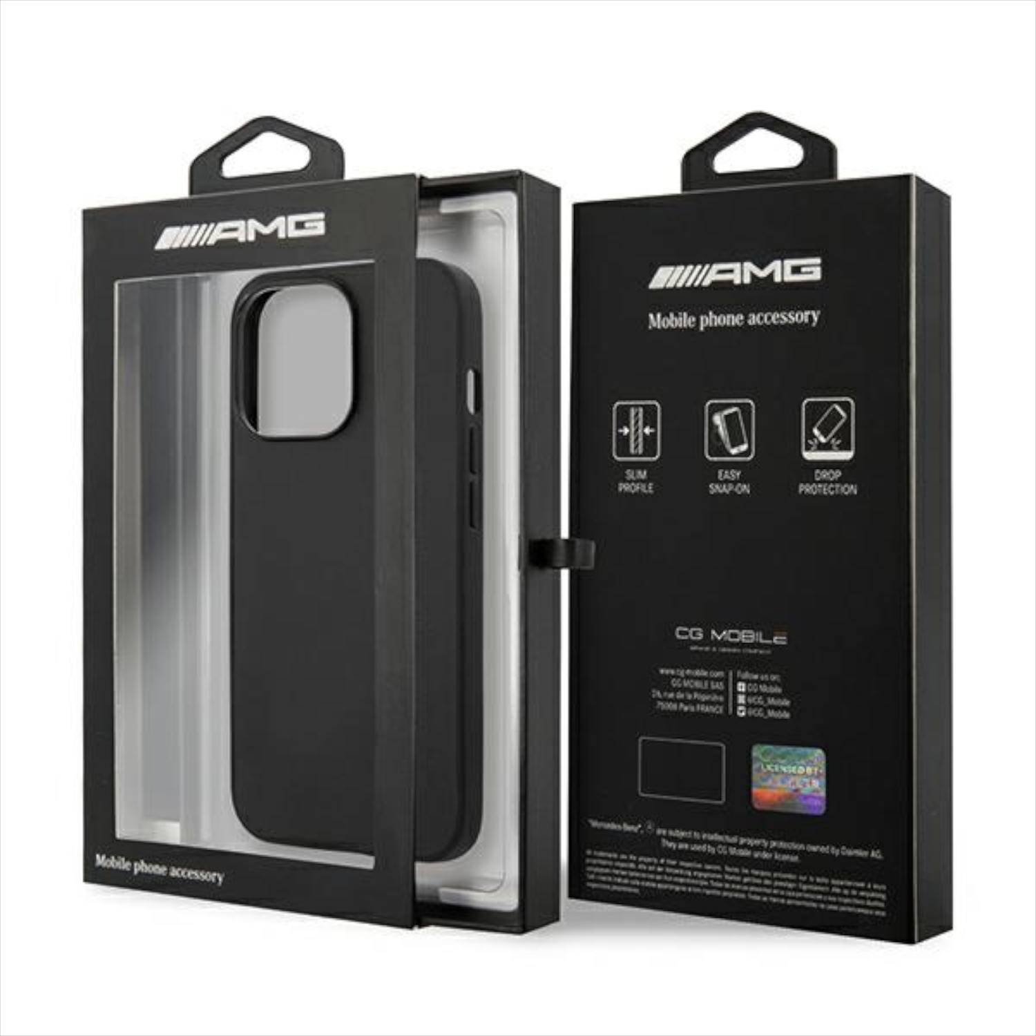 Custodia nera per telefono con logo AMG su una scatola. La scatola ha del testo. Sfondo bianco.