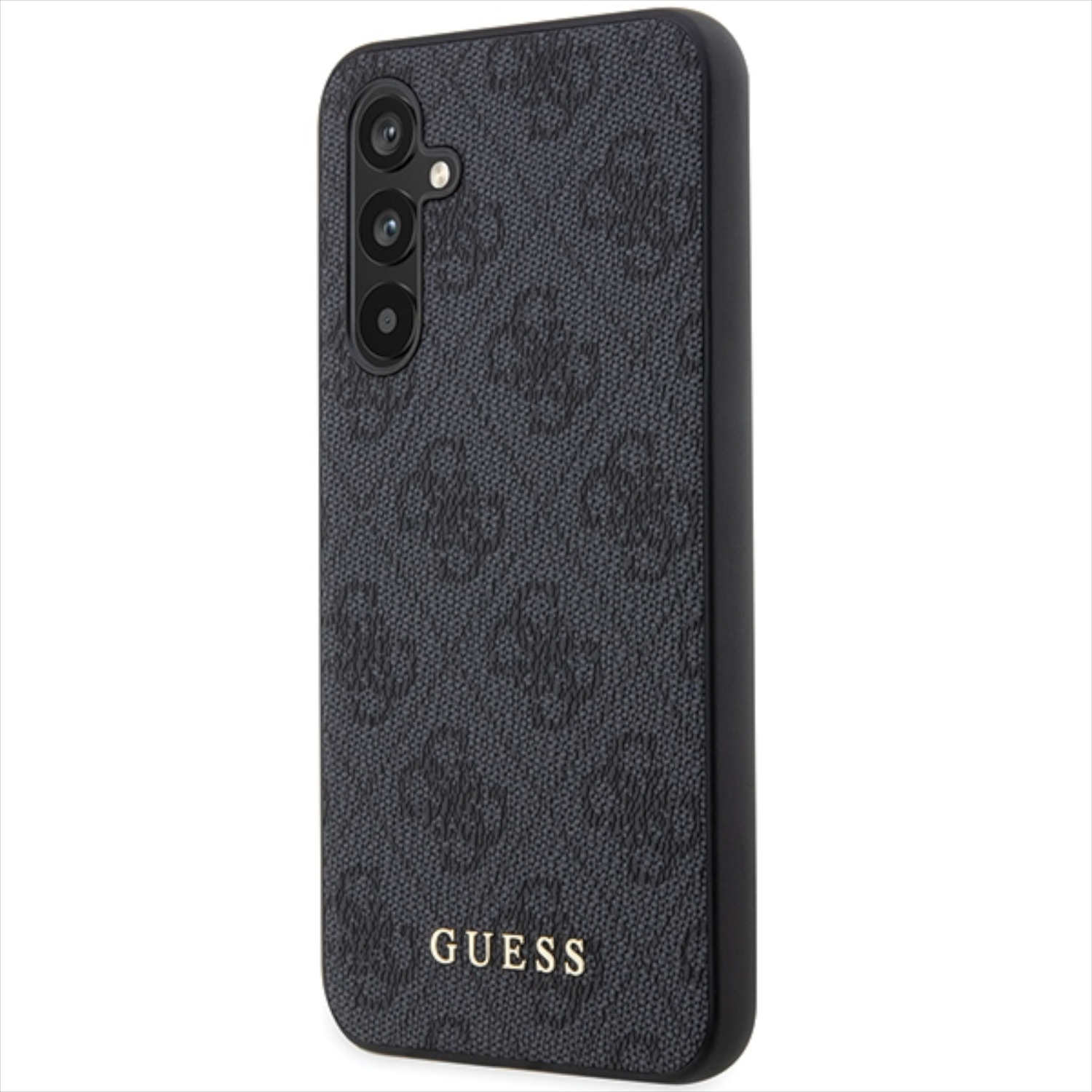 Custodia nera per telefono con motivo ripetuto e logo 'GUESS' dorato. Ha una fotocamera e un flash.