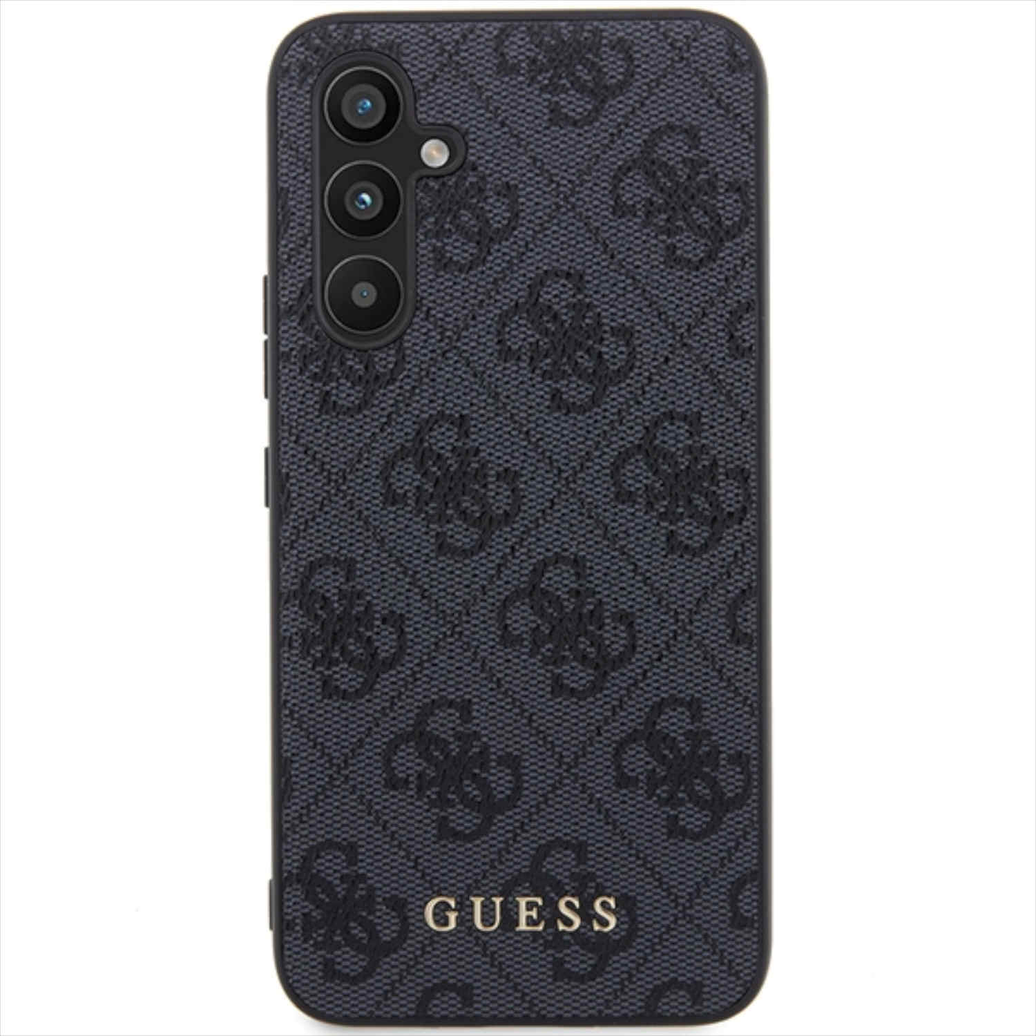Custodia nera per telefono con motivo logo. Il telefono ha tre fotocamere. Sfondo bianco.