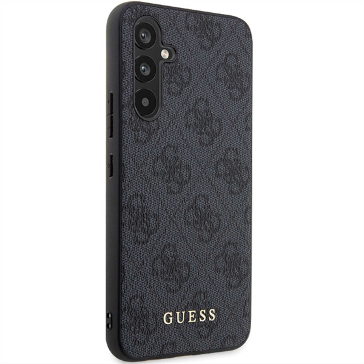 Custodia per telefono grigio scuro con logo Guess. Ha un motivo. La custodia è nera sui lati.
