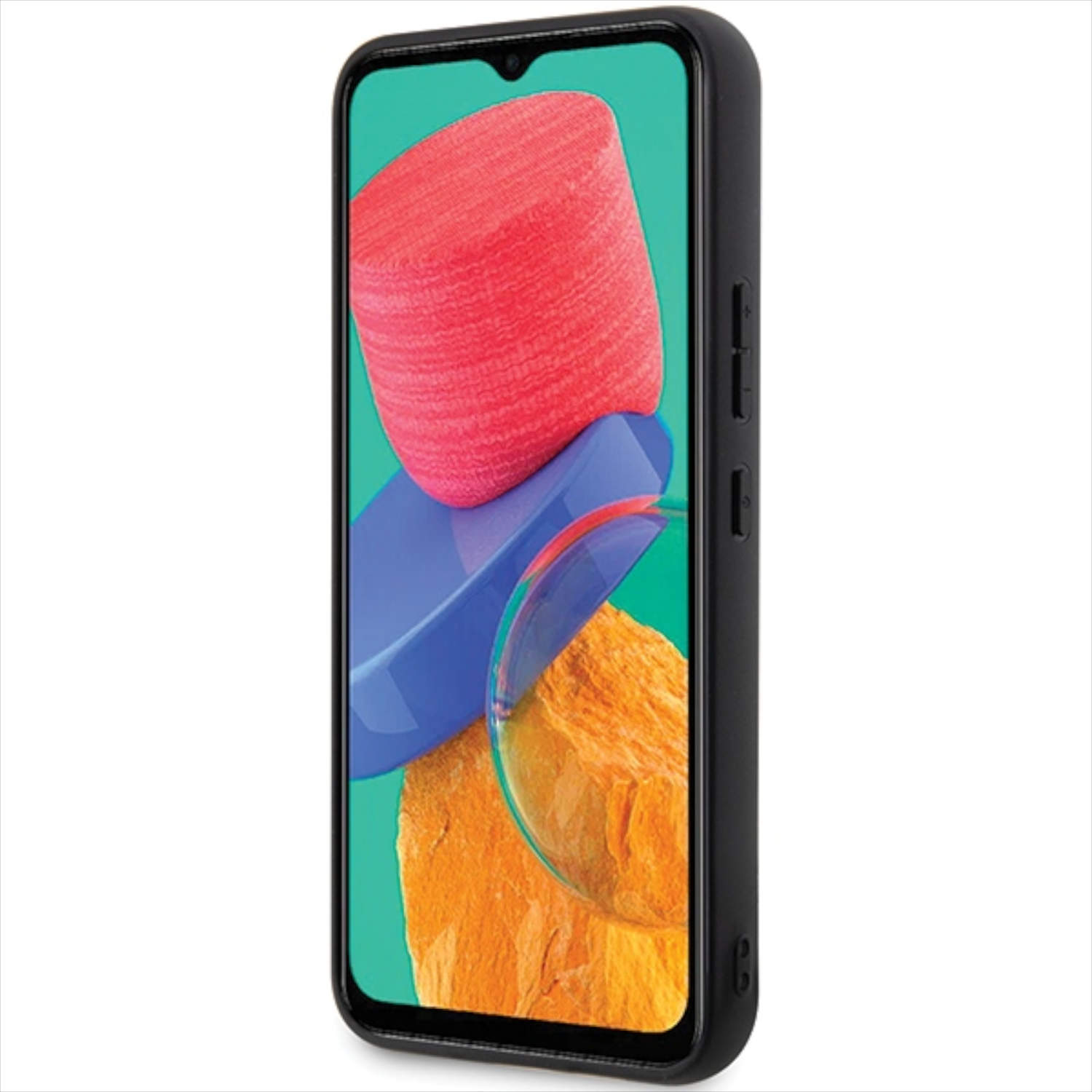 Telefono nero in una custodia con sfondo astratto colorato. La custodia ha pulsanti laterali. Sfondo bianco.