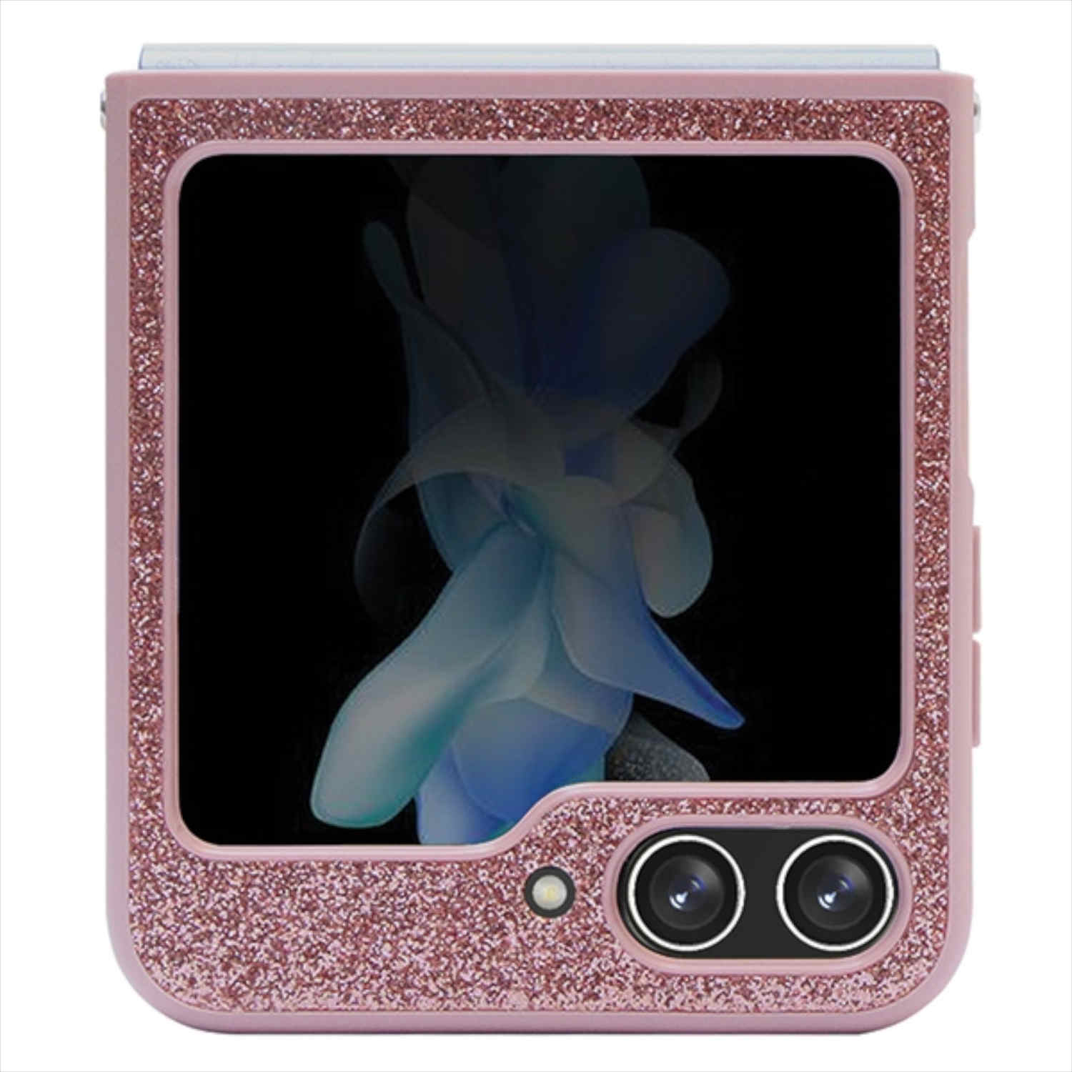 Rosa Handyhülle, glitzernd, offen. Das Telefon hat ein Blumen-Hintergrundbild. Schwarzer Hintergrund.