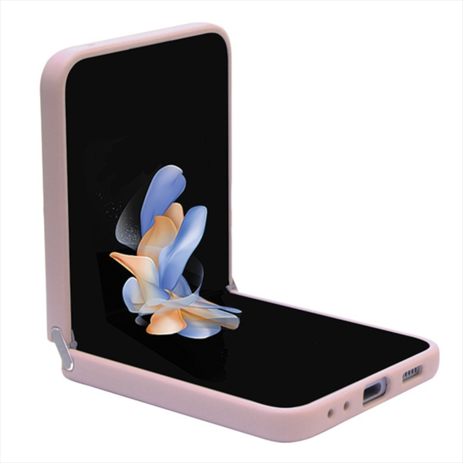 Rosa faltbares Telefon. Der Bildschirm ist geöffnet und zeigt ein blaues und orangefarbenes Design. Die Hülle ist rosa.