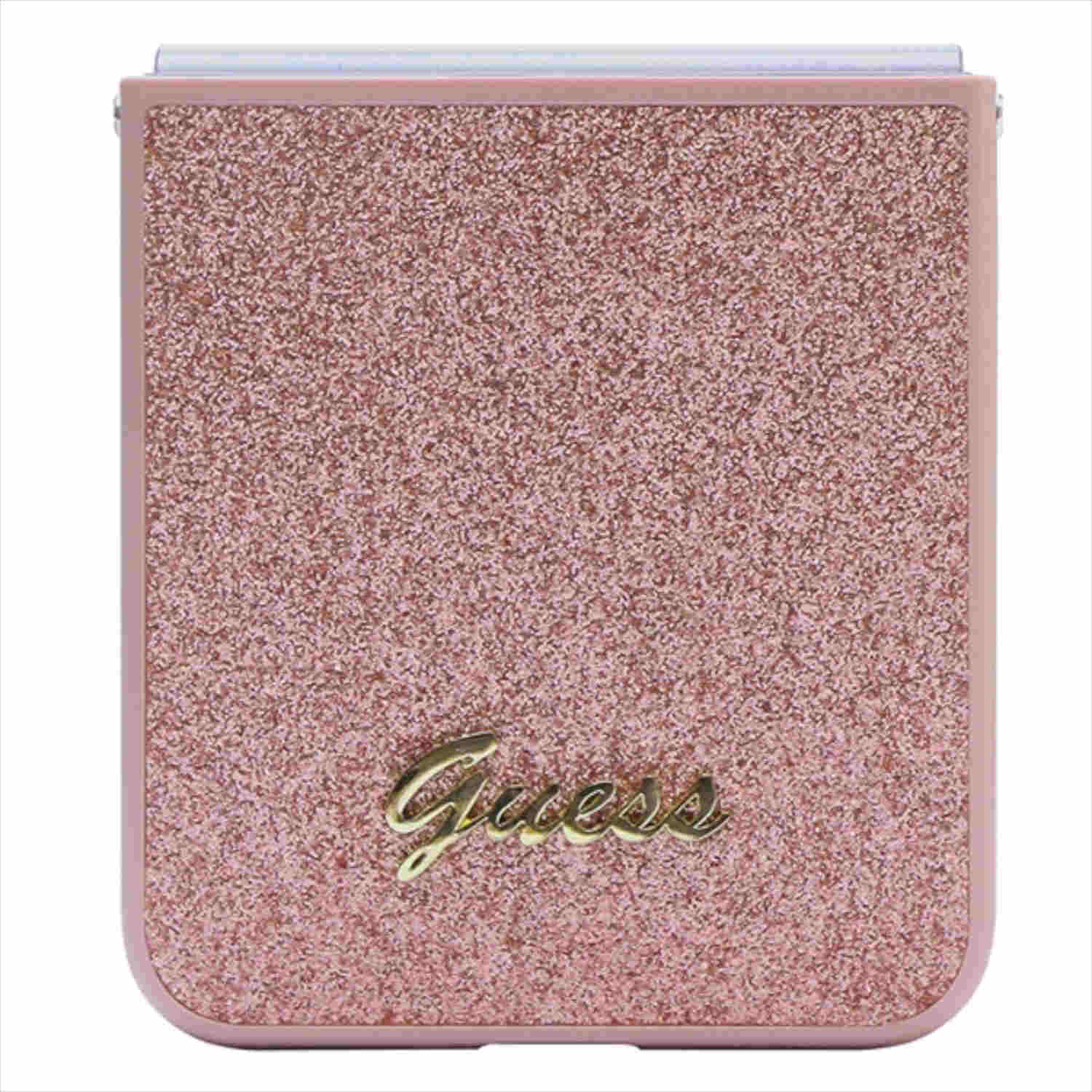 Eine rosa, glitzernde Guess-Handyhülle mit dem Guess-Logo in goldenen Buchstaben.