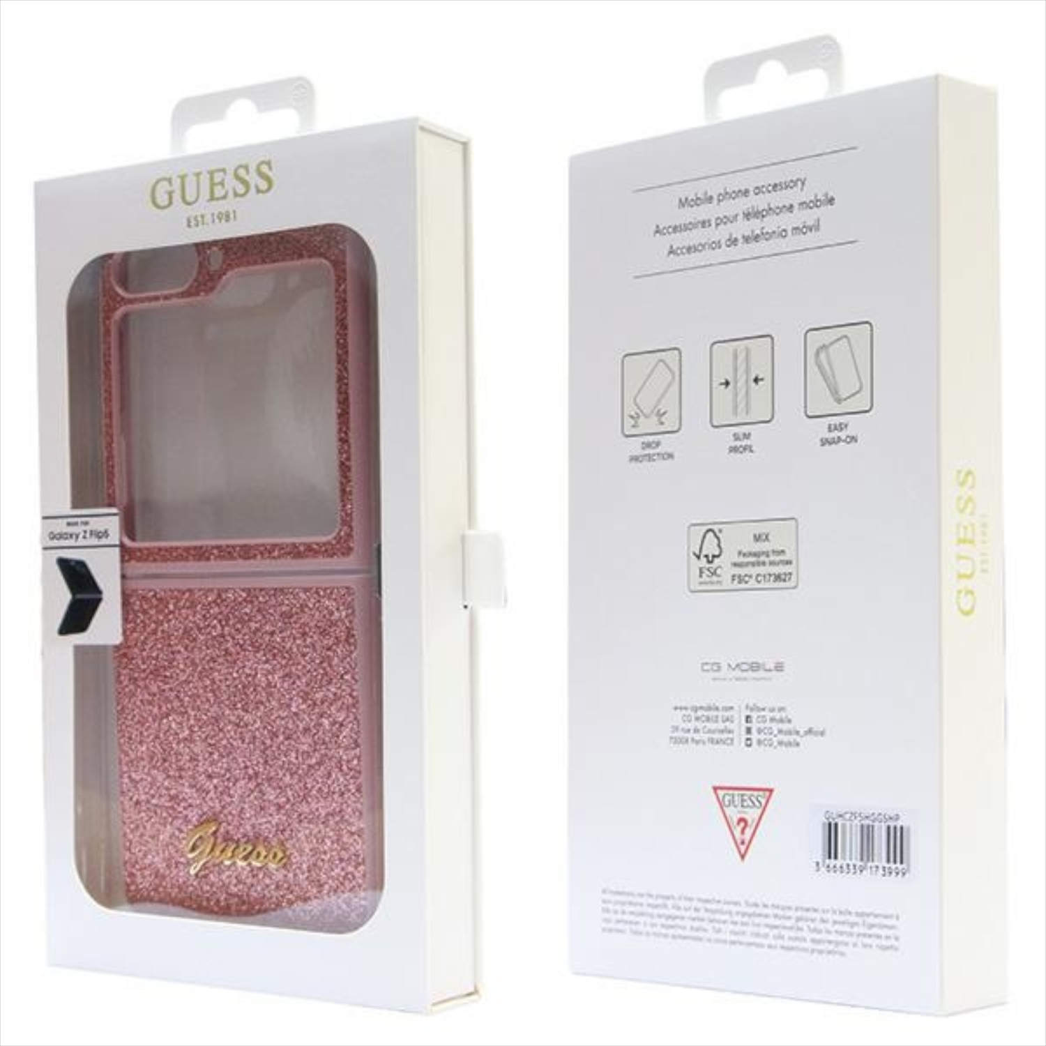 Rosa Guess Handyhülle in einer weißen Box. Mit Glitzer, für Galaxy Z Flip entworfen.
