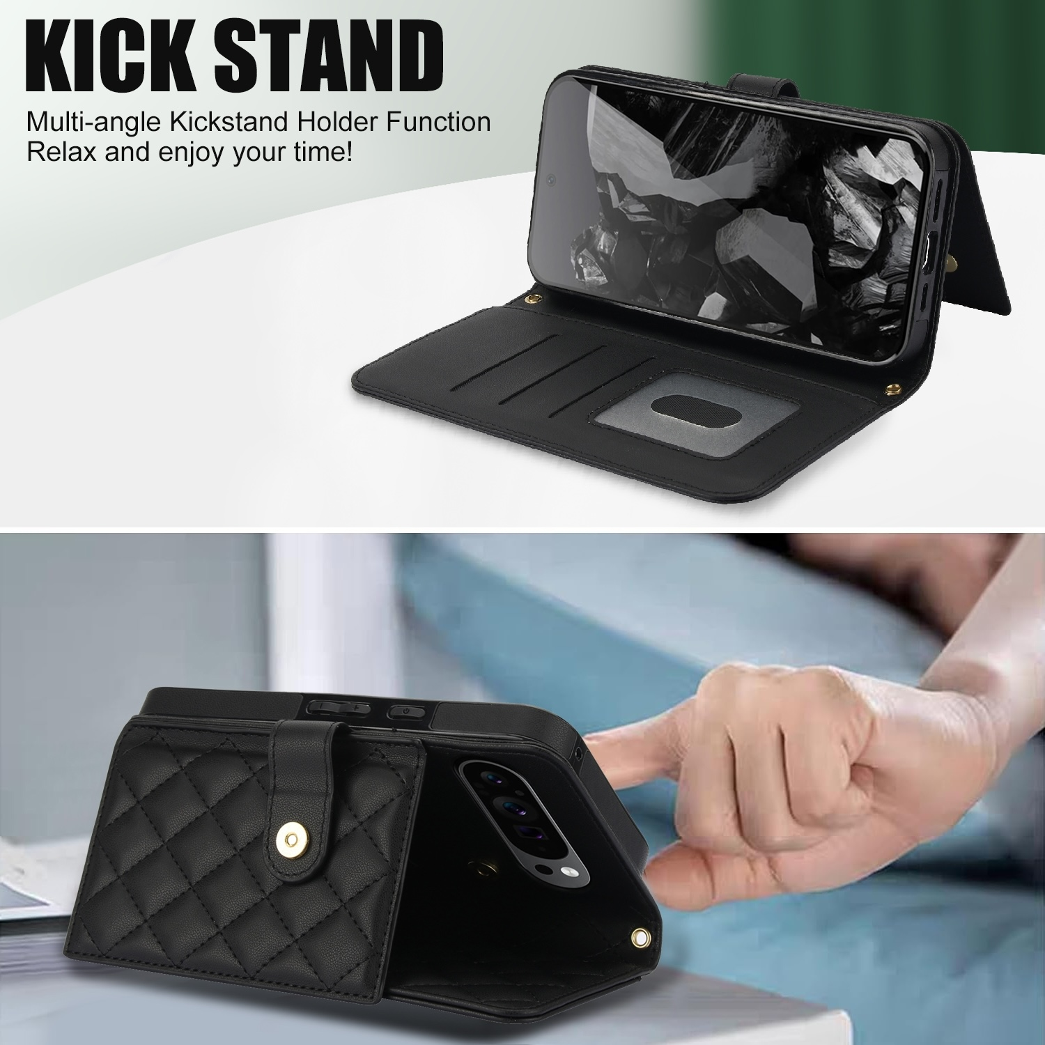 Schwarze Handyhülle mit Ständer. Das Telefon befindet sich in der Hülle. Nahaufnahme.