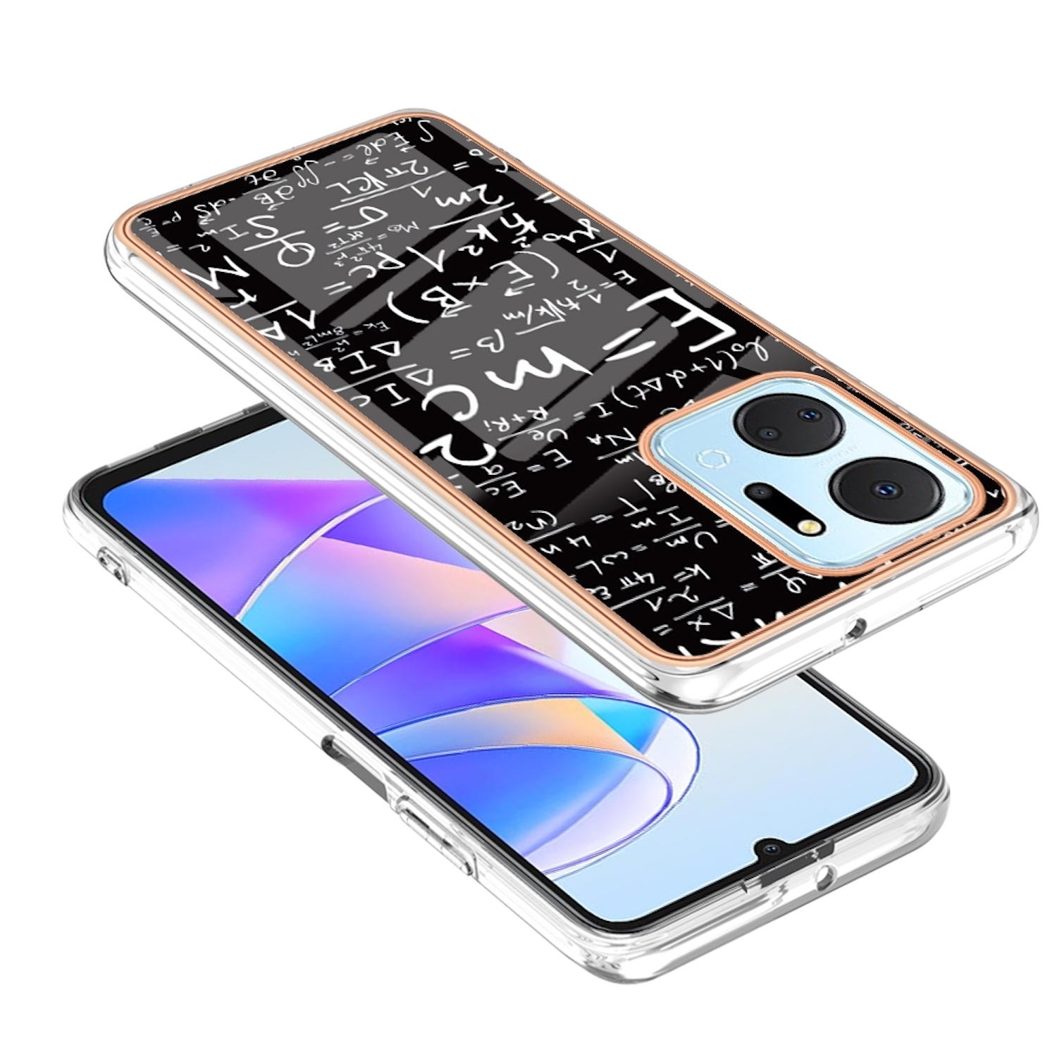 Transparente Handyhülle mit mathematischen Gleichungen auf einem Telefon.
