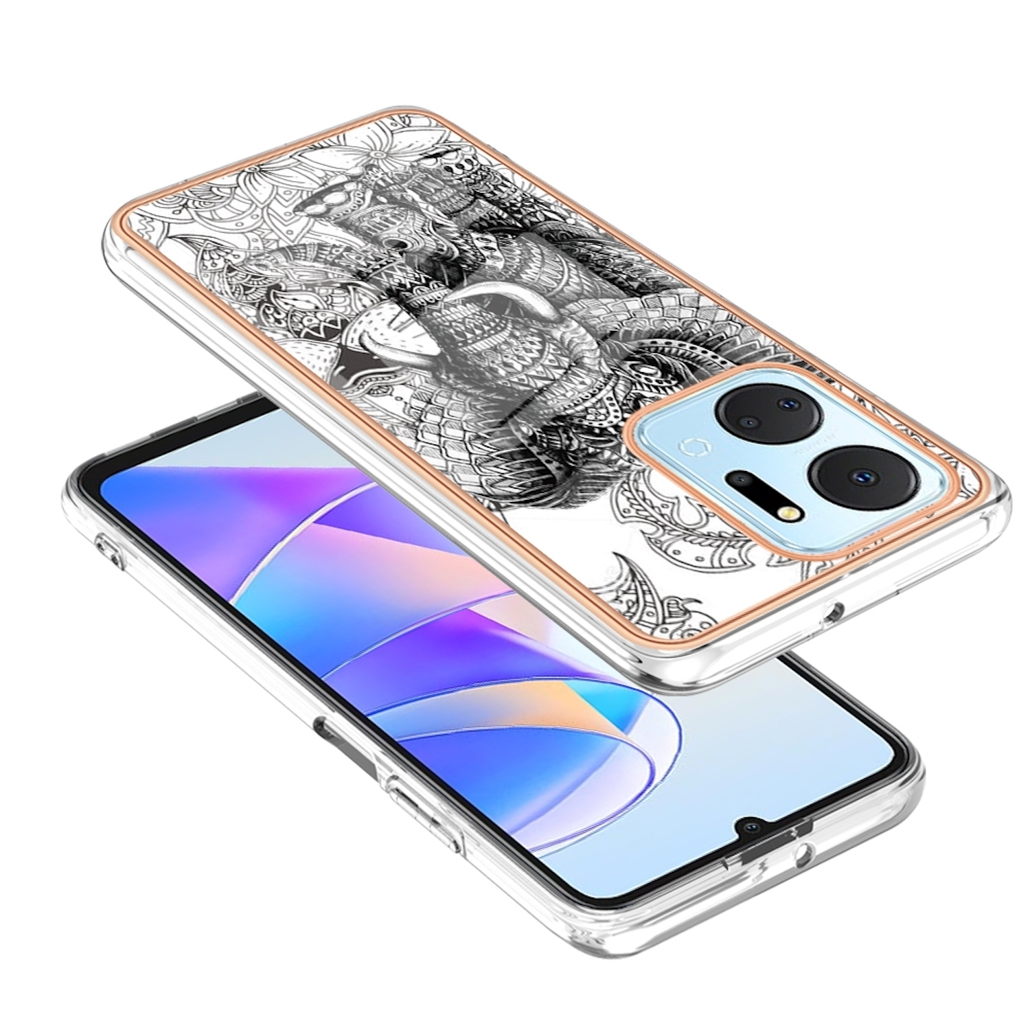 Transparente Handyhülle mit einem schwarz-weißen, mandalaartigen Muster auf einem Telefon.