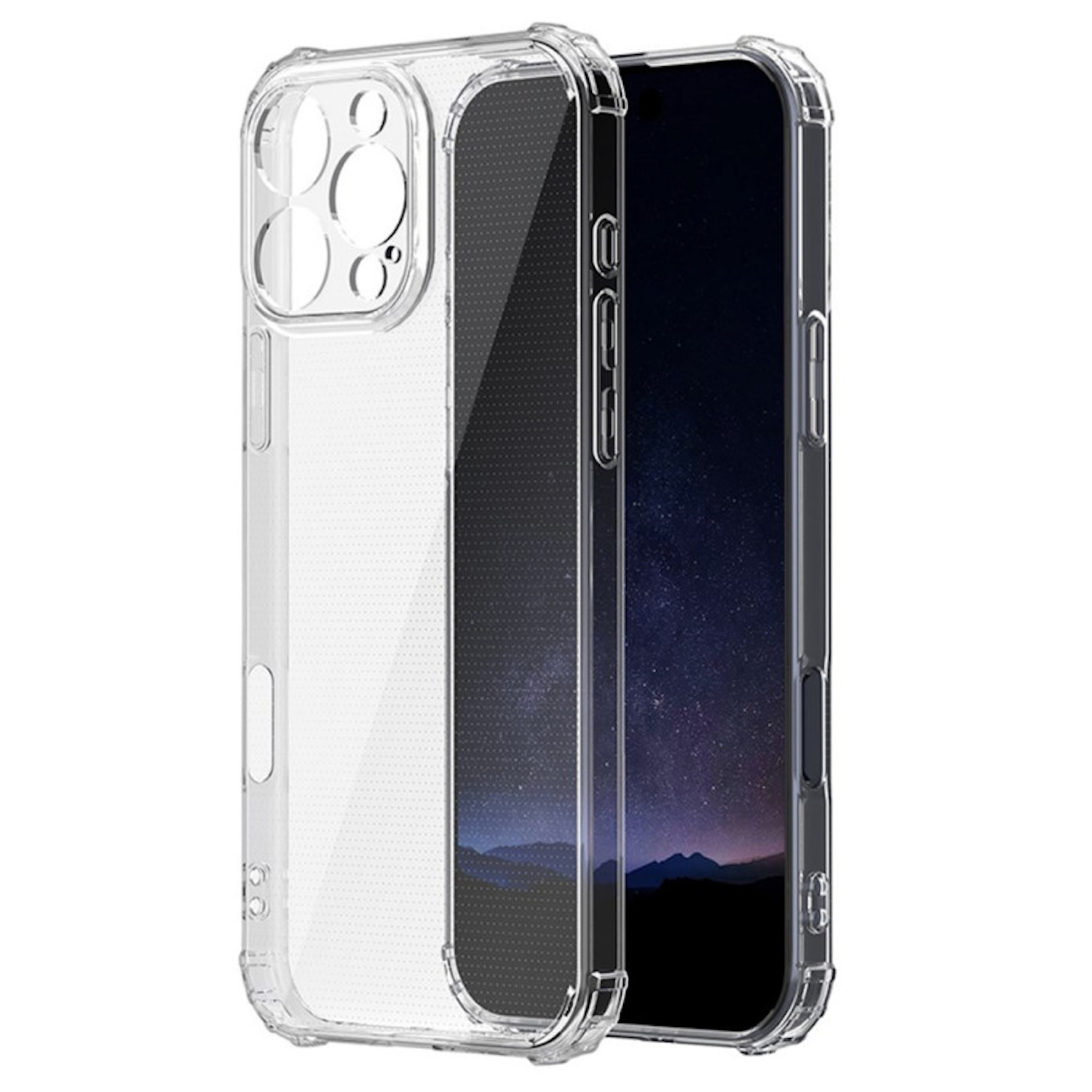 Funda transparente para teléfono con interior negro. El teléfono es visible dentro.
