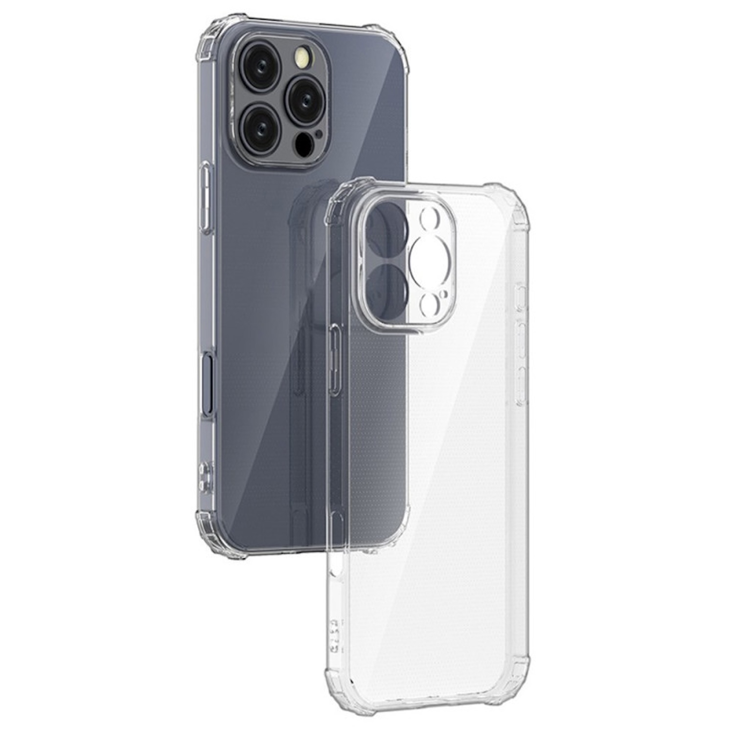 Funda transparente para teléfono sobre blanco. Otra funda detrás. Ambas tienen recortes para cámara.