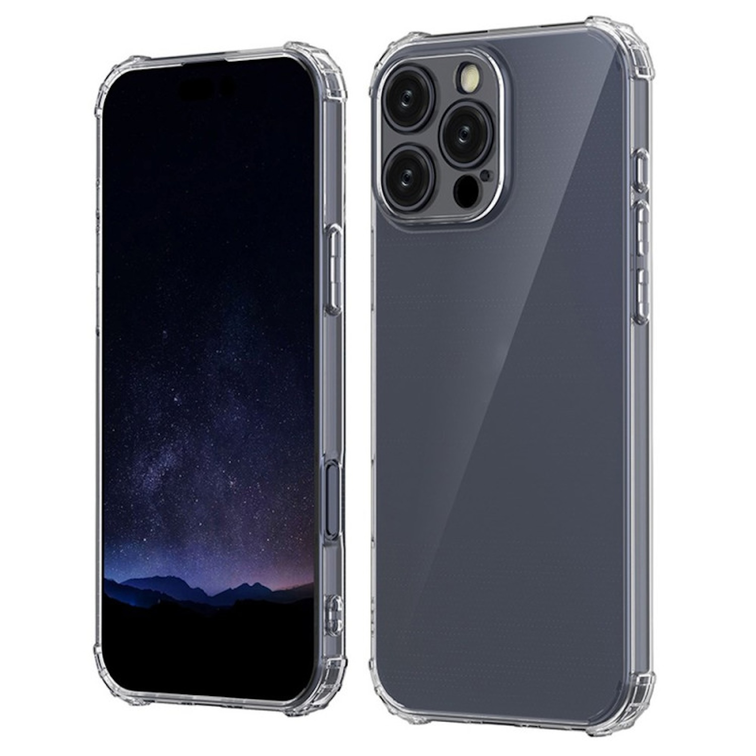 Teléfono con una pantalla que muestra una galaxia. Una funda transparente protege el teléfono.