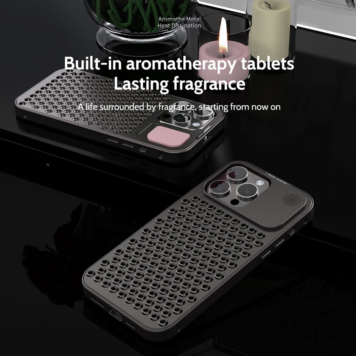 Zwei schwarze Handyhüllen mit Gittermuster und Text über Aromatherapie-Tabletten.