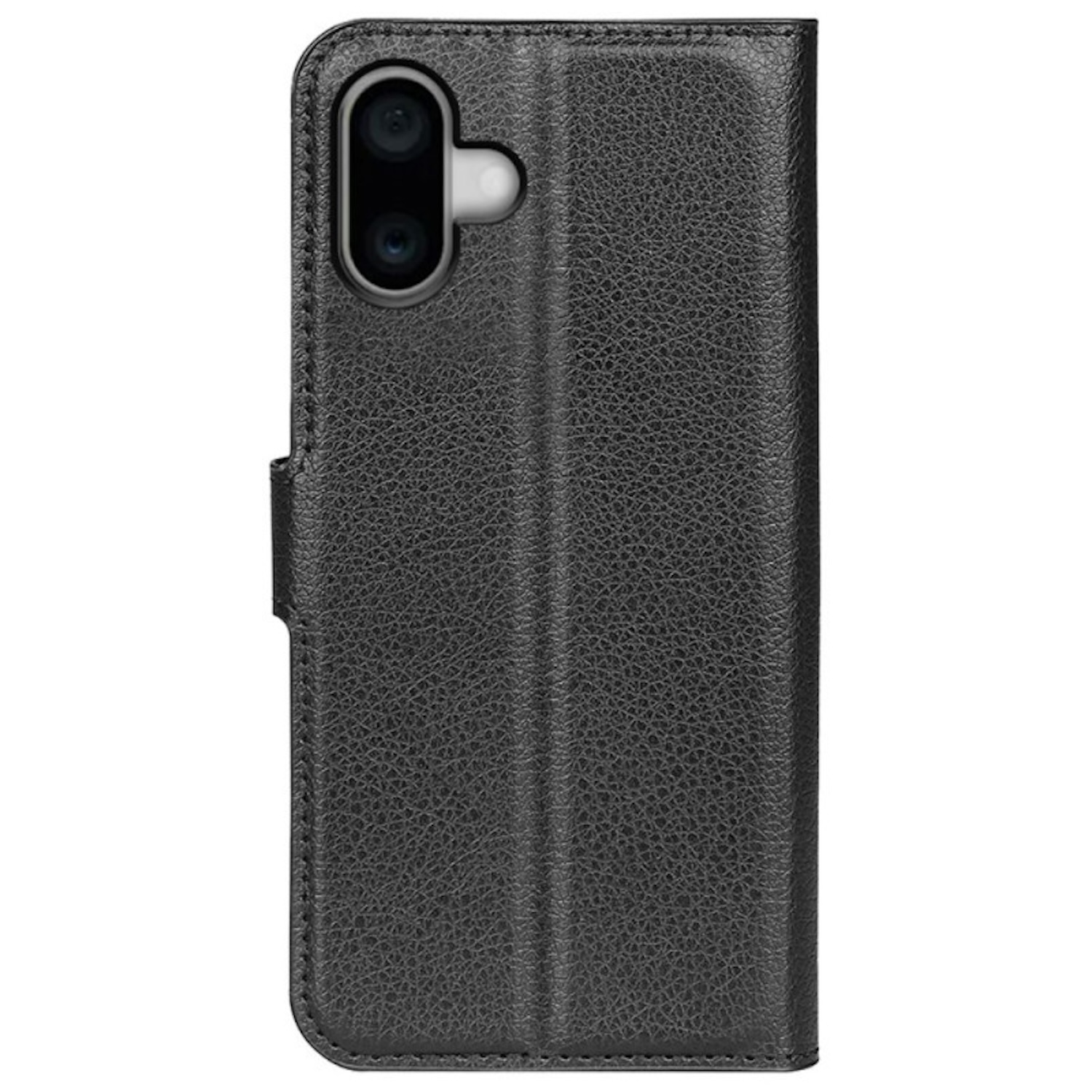 Funda negra para teléfono. Primer plano de una funda de teléfono de cuero negro, con cámara visible.