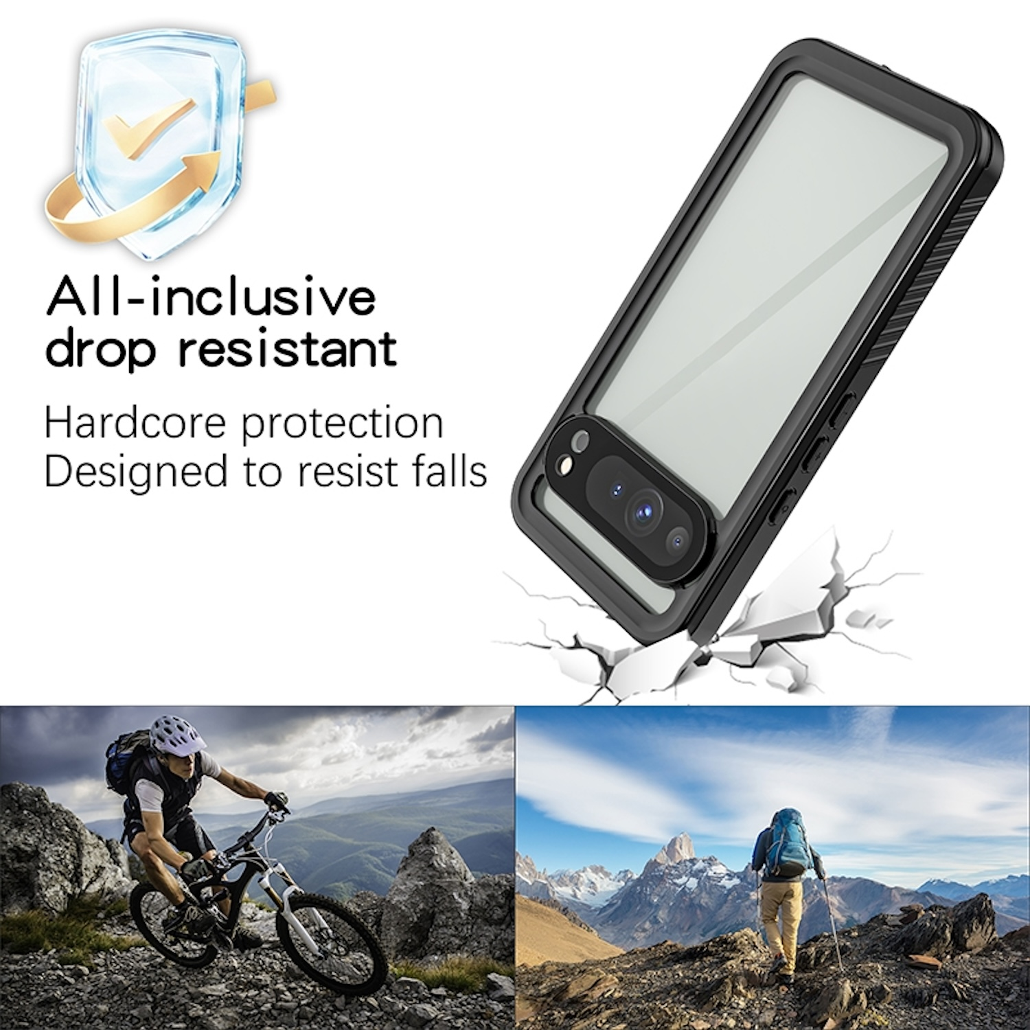 Telefon in schwarzer Hülle. Text: Rundumschutz, sturzsicher, robuster Schutz. Zwei Hintergrundbilder von Radfahrern.