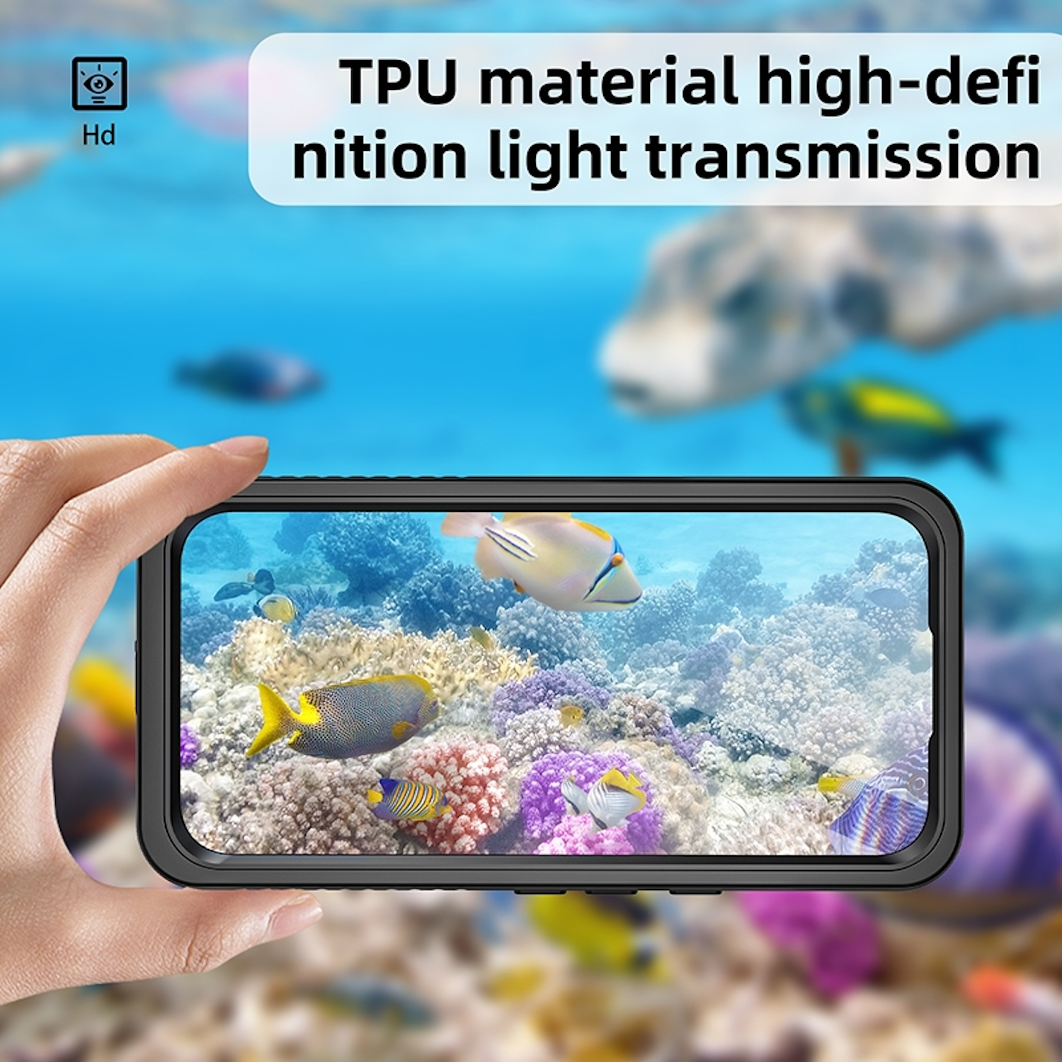 Ein Telefon mit Hülle, die eine Unterwasserszene mit Fischen zeigt.
