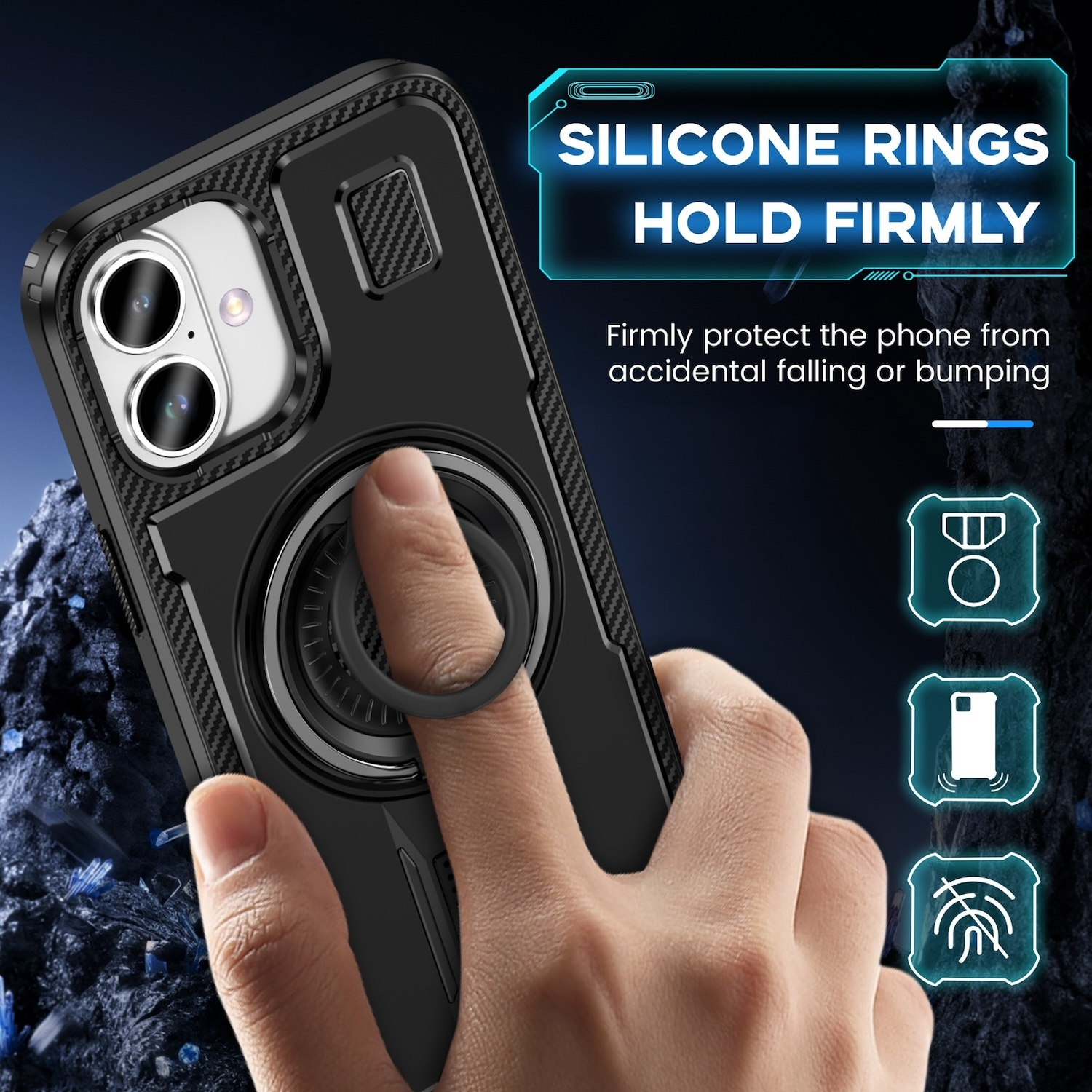 Funda negra con anillo. Mano sujetando el anillo. Texto: 'Silicone rings hold firmly'.
